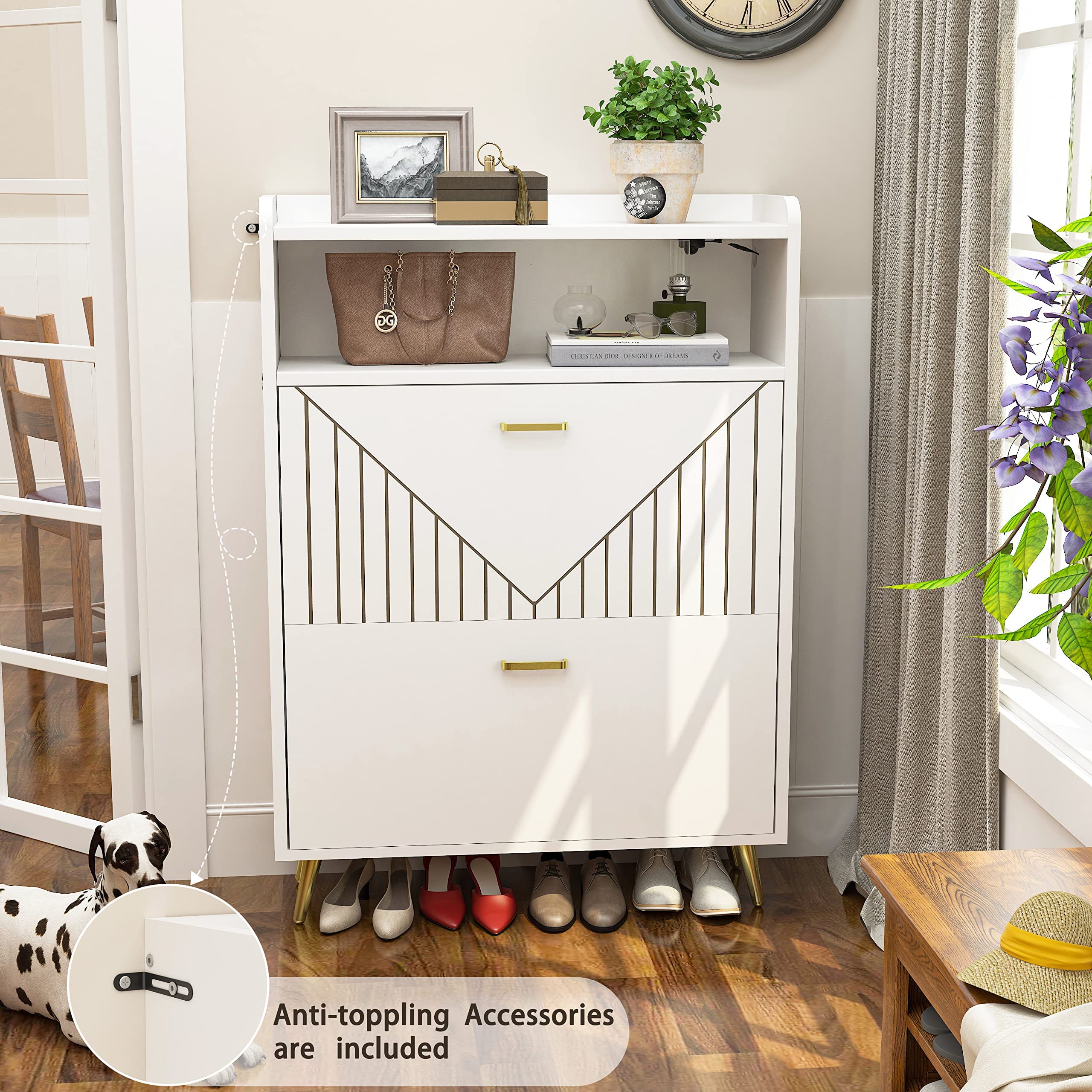Aheaplus Shoe Cabinet with Flip Doors - Motion Sensor LED Shoe Storage Organizer, Freestanding Wooden Entryway Shoe Rack with Open Shelves - Perfect for Closet, Living Room & Hallway Organization (White)