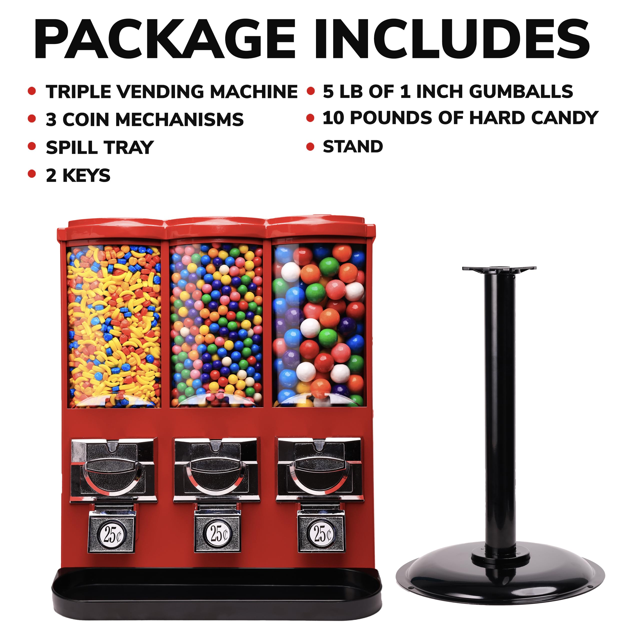 Commercial Triple Head Gumball & Candy Vending Machine with Stand - Coin Operated Candy Dispenser with Removable Canisters (Red) - Perfect for Retail Stores, Arcades, and Restaurants