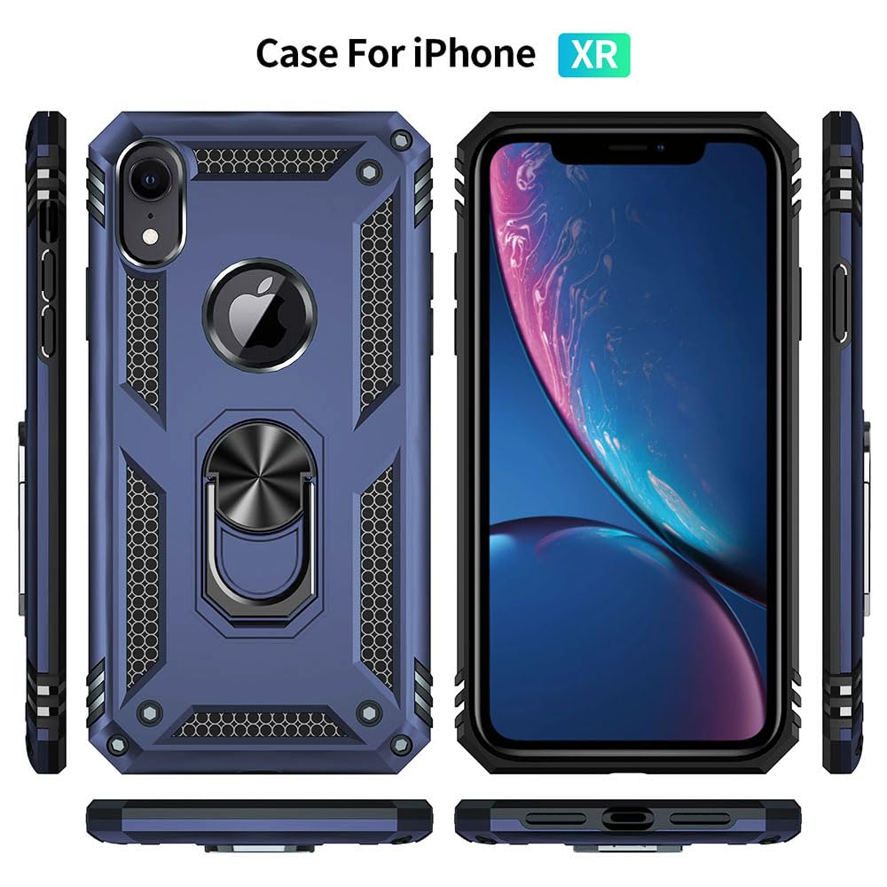 Yiakeng Military Grade Protective iPhone XR Case with Built-in Screen Protector & Ring Holder - Shockproof, Drop-Proof Cover for iPhone XR (Blue) - Perfect for Outdoor Activities, Travel & Daily Protection