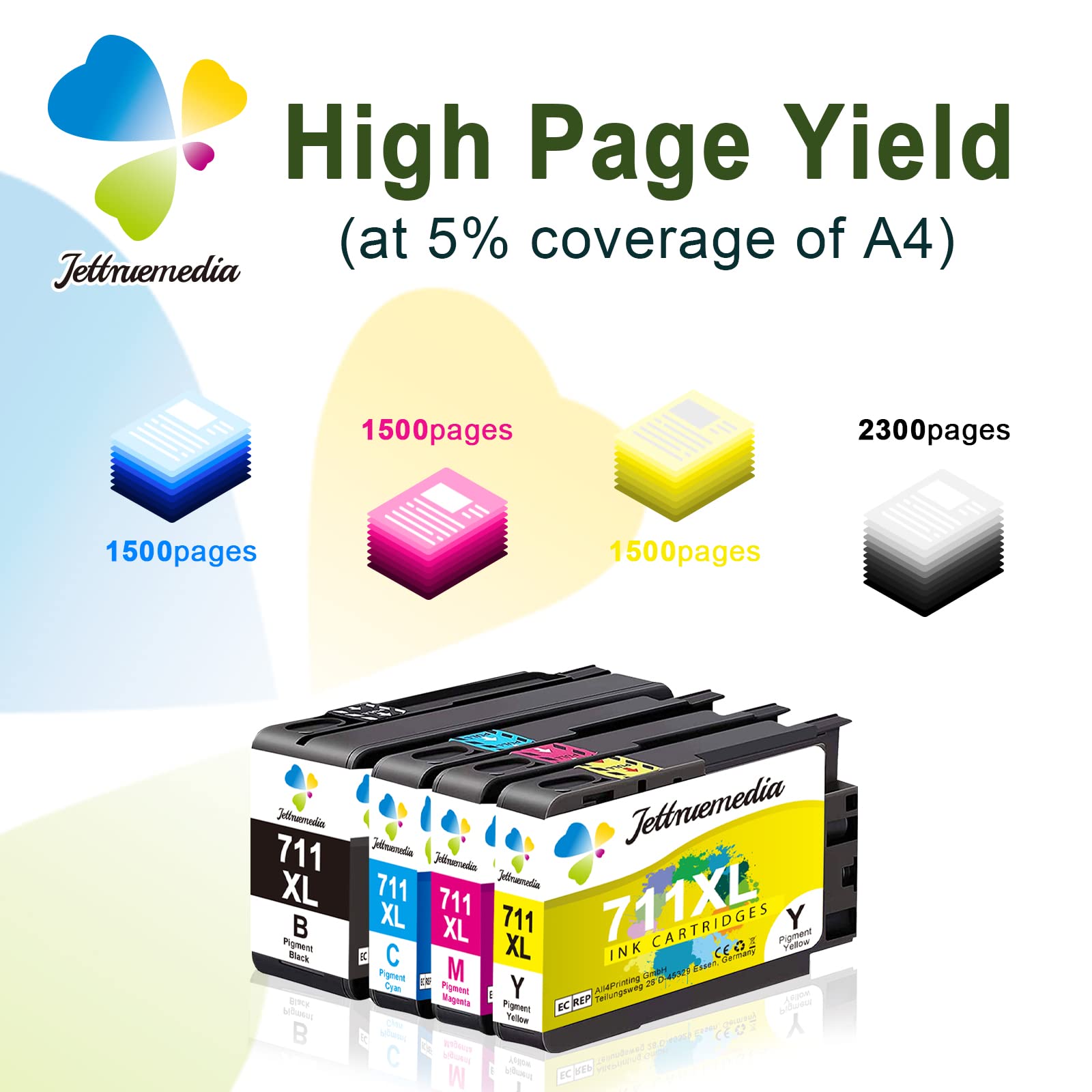 High Yield 711XL Ink Cartridges 4-Pack (BK/C/M/Y) - Compatible Replacement for HP 711XL & 711, Works with HP Designjet T120, T520 24/36-inch, T100 Printers - Ideal for Office Printing, Large Format Graphics & CAD Drawings