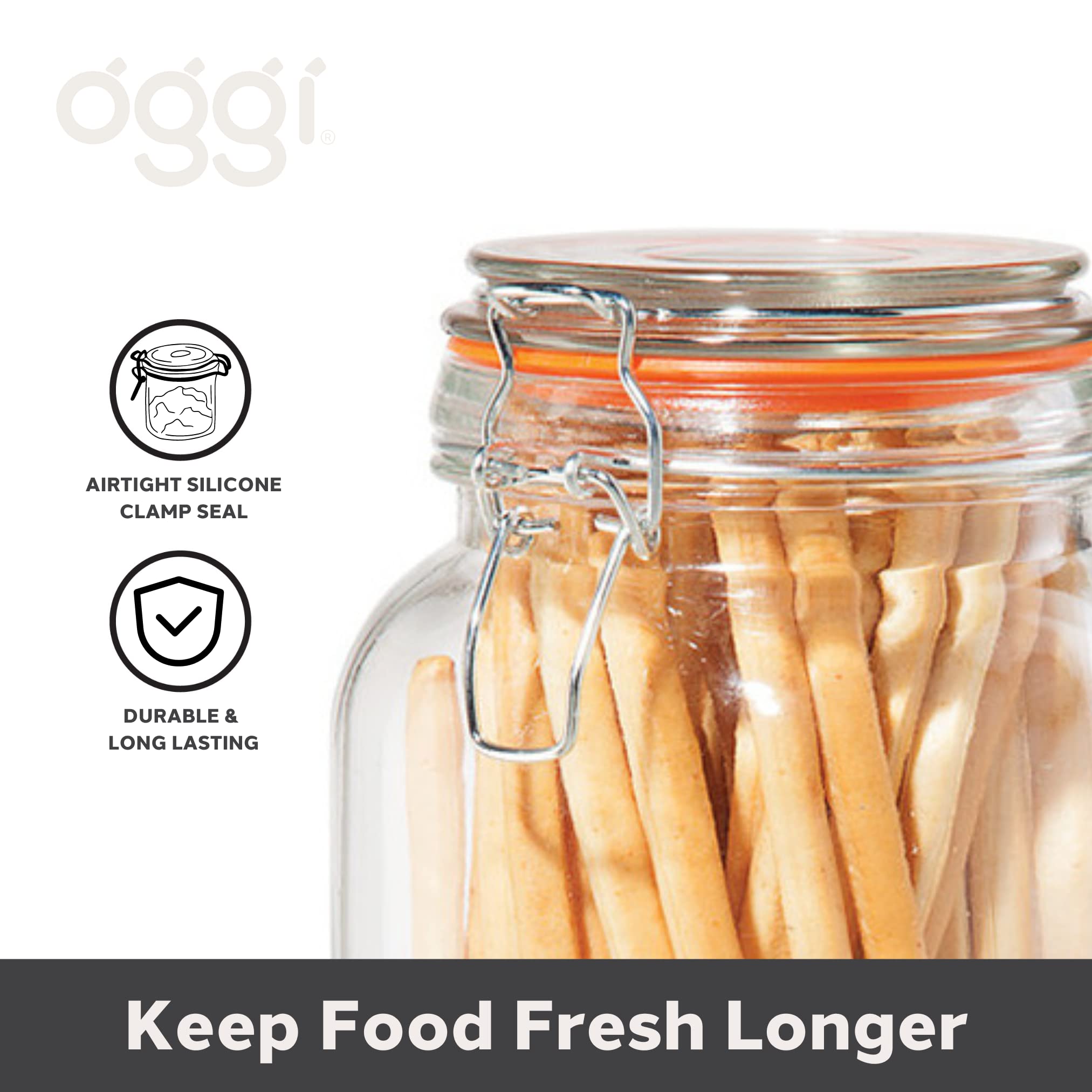 OGGI 4-Piece Airtight Glass Food Storage Containers Set with Clamp Lids & Silicone Seals - Farmhouse Style Kitchen Canisters for Pantry Organization, Flour, Sugar, Coffee, Tea Storage - Perfect for Home Baking & Meal Prep
