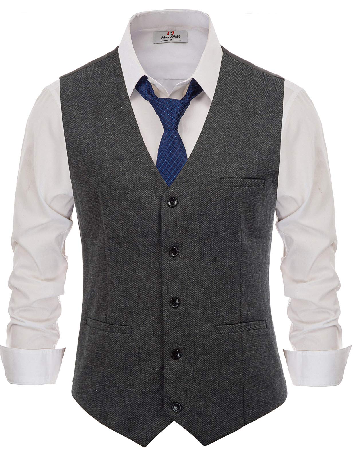 PJ PAUL JONES Men's Herringbone Tweed Suit Vest - Casual Wool Blend Waistcoat for Business, Wedding & Formal Events | Slim Fit Groom Attire & Office Wear