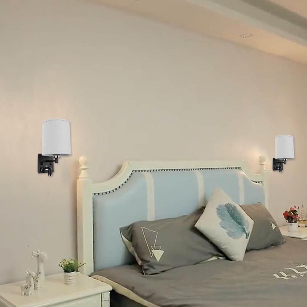 1 Light LED Wall Sconce with USB Port, 2 Switches & Outlet - Black Metal Finish with White Fabric Shade - Perfect for Bedroom, Living Room & Hallway Lighting