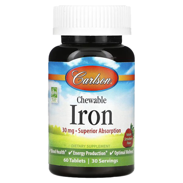 Carlson Labs Kids Chewable Iron Supplement - 15mg per Serving, Strawberry Flavor, 60 Tablets - Supports Healthy Energy & Immune System for Children - Perfect for Picky Eaters & Active Kids