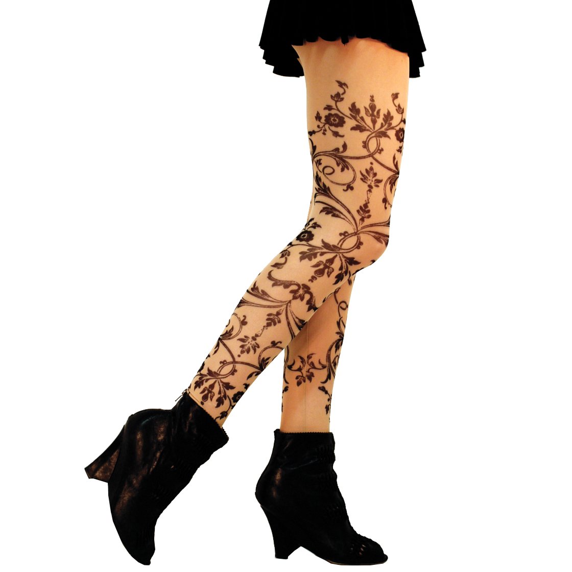 Wild Rose Ladies Filigree Tattoo Mesh Leggings - Floral Lace Design Women's Leggings for Yoga, Dance & Fashion - Comfortable Tan Tights for Casual Wear & Workout