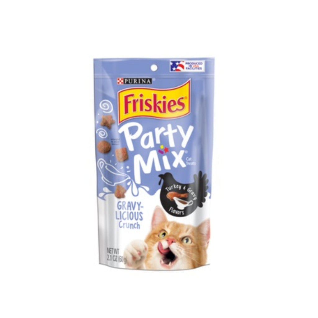 Friskies Party Mix Crunch Cat Treats 60g - Beachside Crunch with Cheezy Gravylicious Chicken & Turkey Flavor - Perfect for Training, Rewards & Bonding with Your Cat