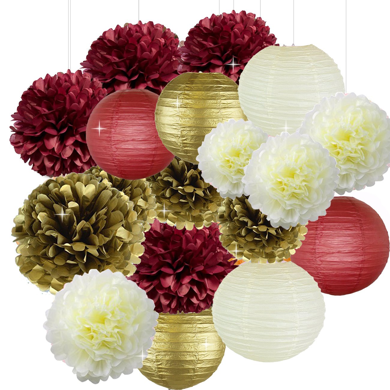 18pcs Burgundy Cream Gold Bridal Shower Decorations Set - Christmas Xmas Tissue Paper Pom Poms & Lanterns for Wedding, Bachelorette Party, Birthday Photo Backdrop | Perfect for Holiday Celebrations & Festive Home Decor