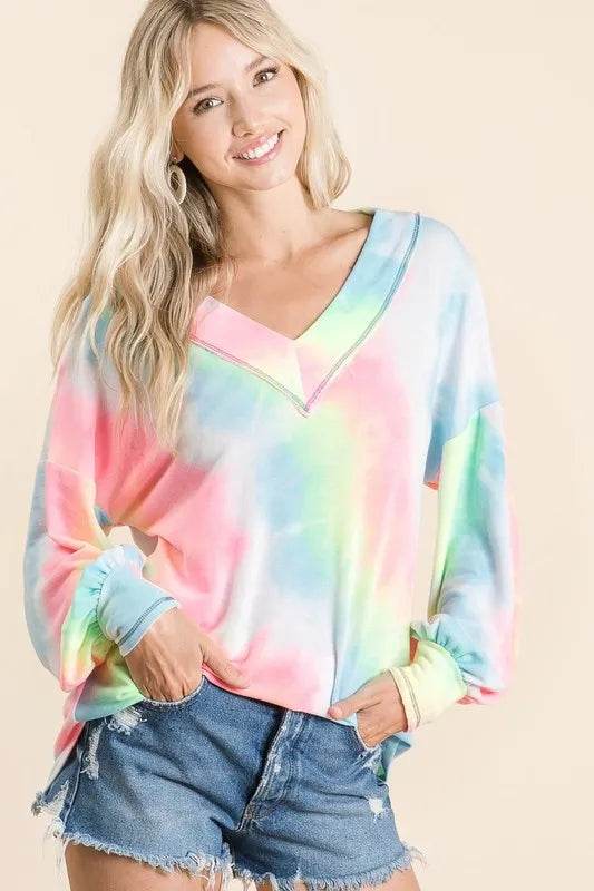 Bibi Tie Dye French Terry V-Neck Top with Puff Sleeves in Pink Multi | Women's Casual Boho Blouse | Perfect for Summer Outfits, Beach Wear & Music Festivals