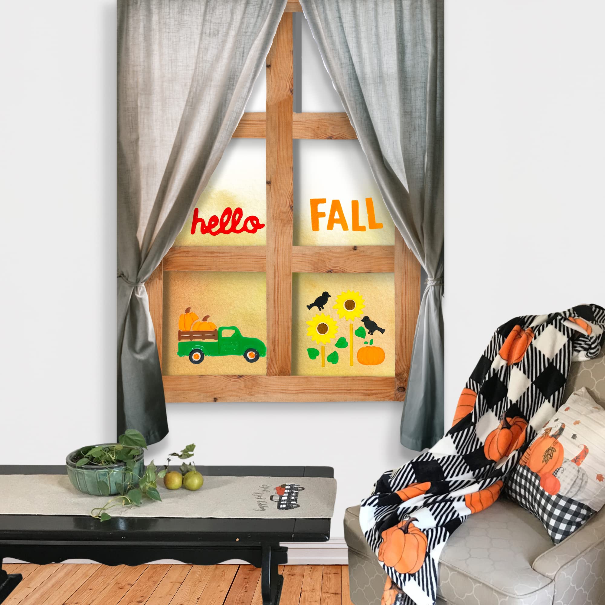 Reusable Fall Gel Cling Stickers for Windows & Mirrors - 6 Sheets of Seasonal Designs: Woodland Creatures, Foliage, Pumpkins - Perfect for Home, Office, and Classroom Decor