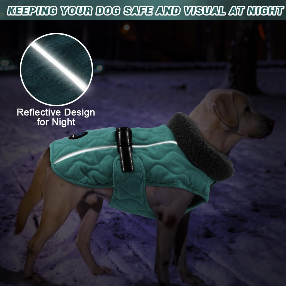 Warm Fleece Dog Winter Coat - Adjustable Dog Jacket with Nylon Buckle & Reflective Strips for Small, Medium & Large Dogs | Dark Turquoise | Perfect for Cold Weather Walks, Outdoor Adventures & Nighttime Safety