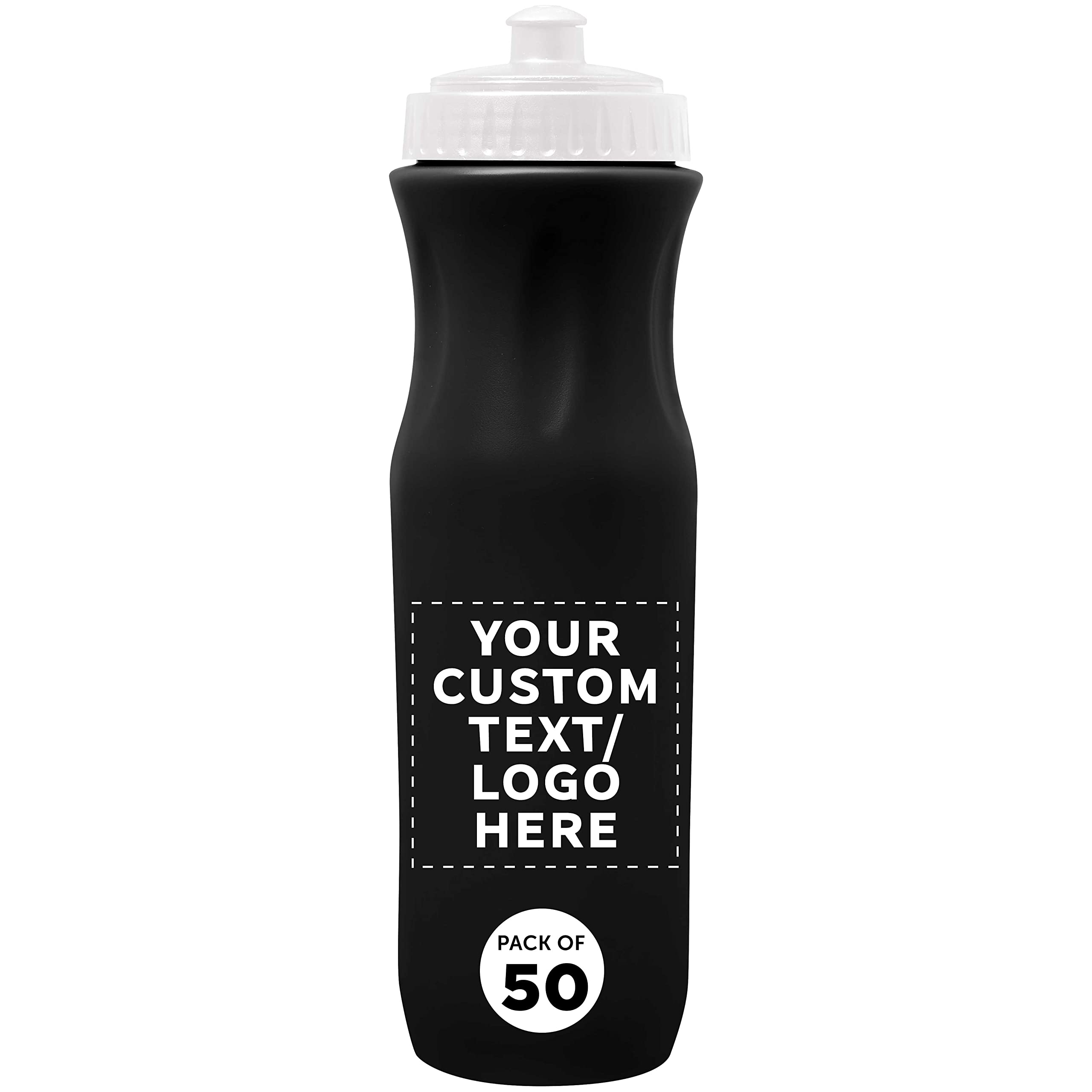 50 Pack 26 oz Customizable Plastic Water Bottles with Black Push Top Lid - Bulk Water Bottles for Sports, Gym, School & Office - Personalized Logo/Text Printing Available