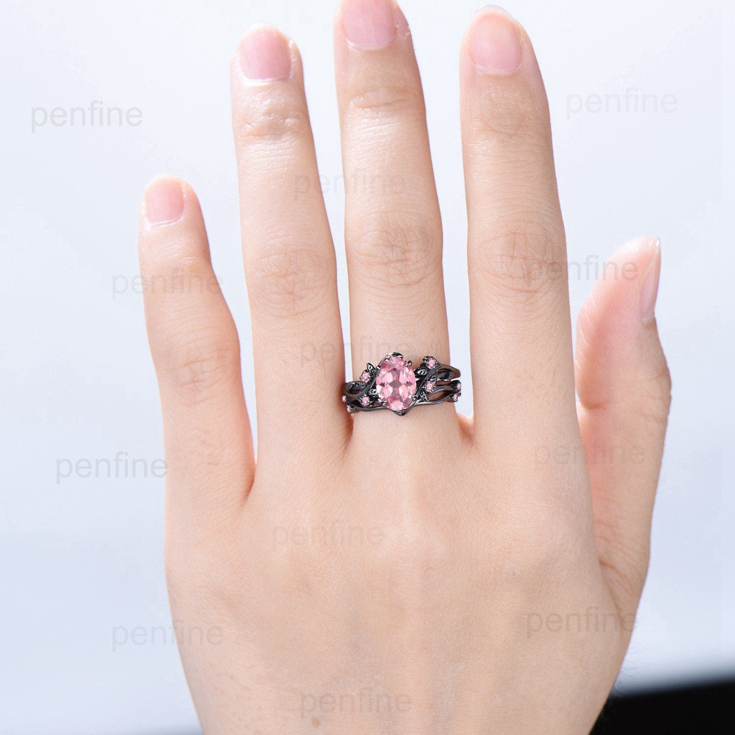 Nature Inspired Leaf Padparadscha Sapphire Ring Set - Black Gold Branch Twig with Pink Tourmaline - Unique Women's Engagement & Wedding Ring Set - Perfect for Nature Lovers, Romantic Proposals & Special Occasions