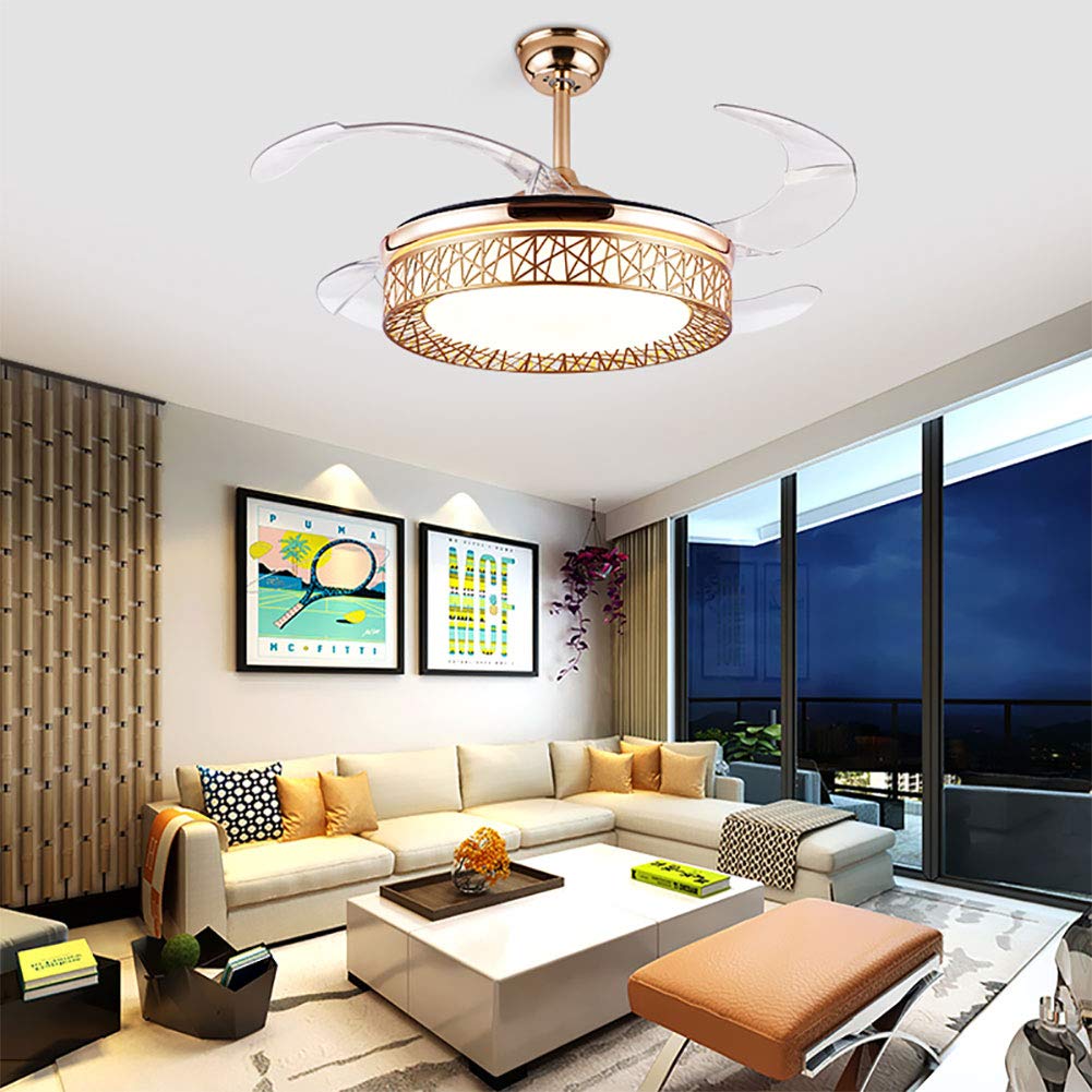 OUKANING 42 Inch Smart LED Ceiling Fan with Retractable Blades - 3 Color Changing Chandelier Style for Living Room, Bedroom & Dining Room