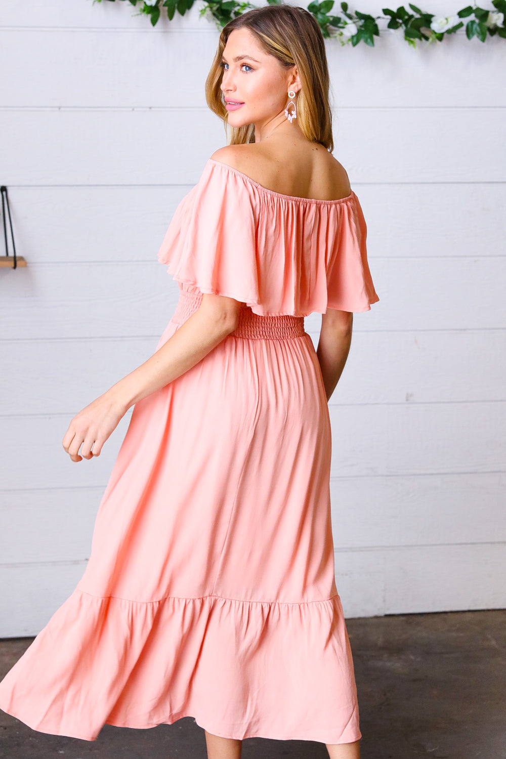 Coral Off-Shoulder Smocked Waist Ruffle Sleeve Midi Dress for Women - Summer Beach Party, Wedding Guest, Date Night Outfit
