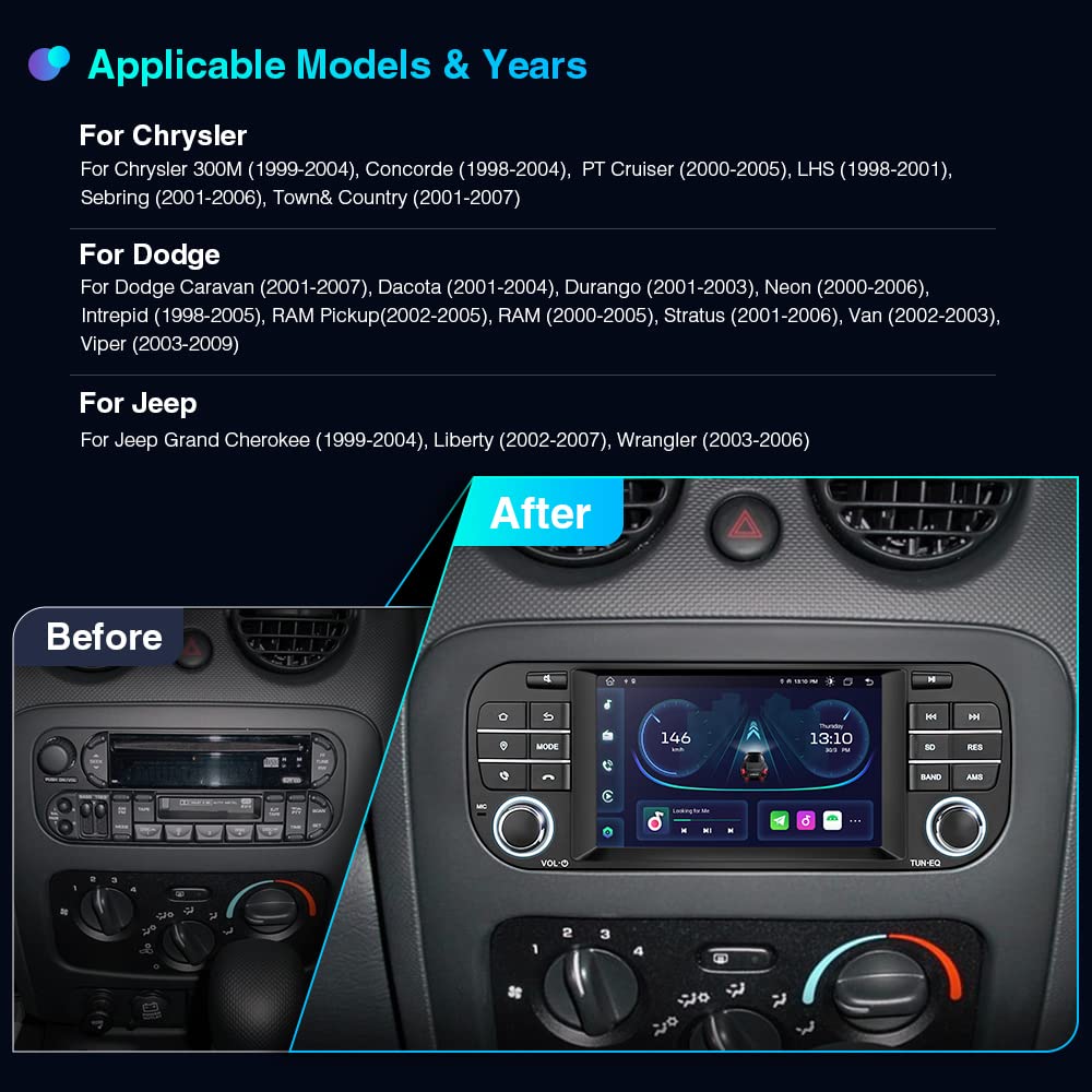 XTRONS 5 Inch Touch Screen Car Stereo Radio for Jeep Dodge Chrysler - Android 13, Apple CarPlay & Android Auto, Bluetooth, GPS Navigation, Octa-Core 2+32GB with Built-in DSP - Perfect for Road Trips & Daily Commuting
