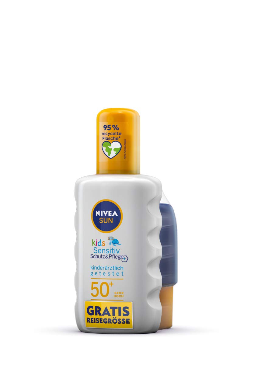 NIVEA SUN Kids Sensitive Protection & Care Sun Spray SPF 50+ (200ml + Travel Size 50ml) - Waterproof Sunscreen for Sensitive Children's Skin - Perfect for Beach, Pool & Outdoor Activities