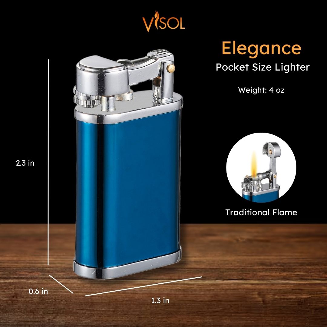 Visol Elegance Blue Soft Flame Flint Lighter - Windproof Refillable Butane Lighter for Cigars, Candles & Outdoor Use - Premium Pocket Lighter for Smoking, Camping & Home Essentials