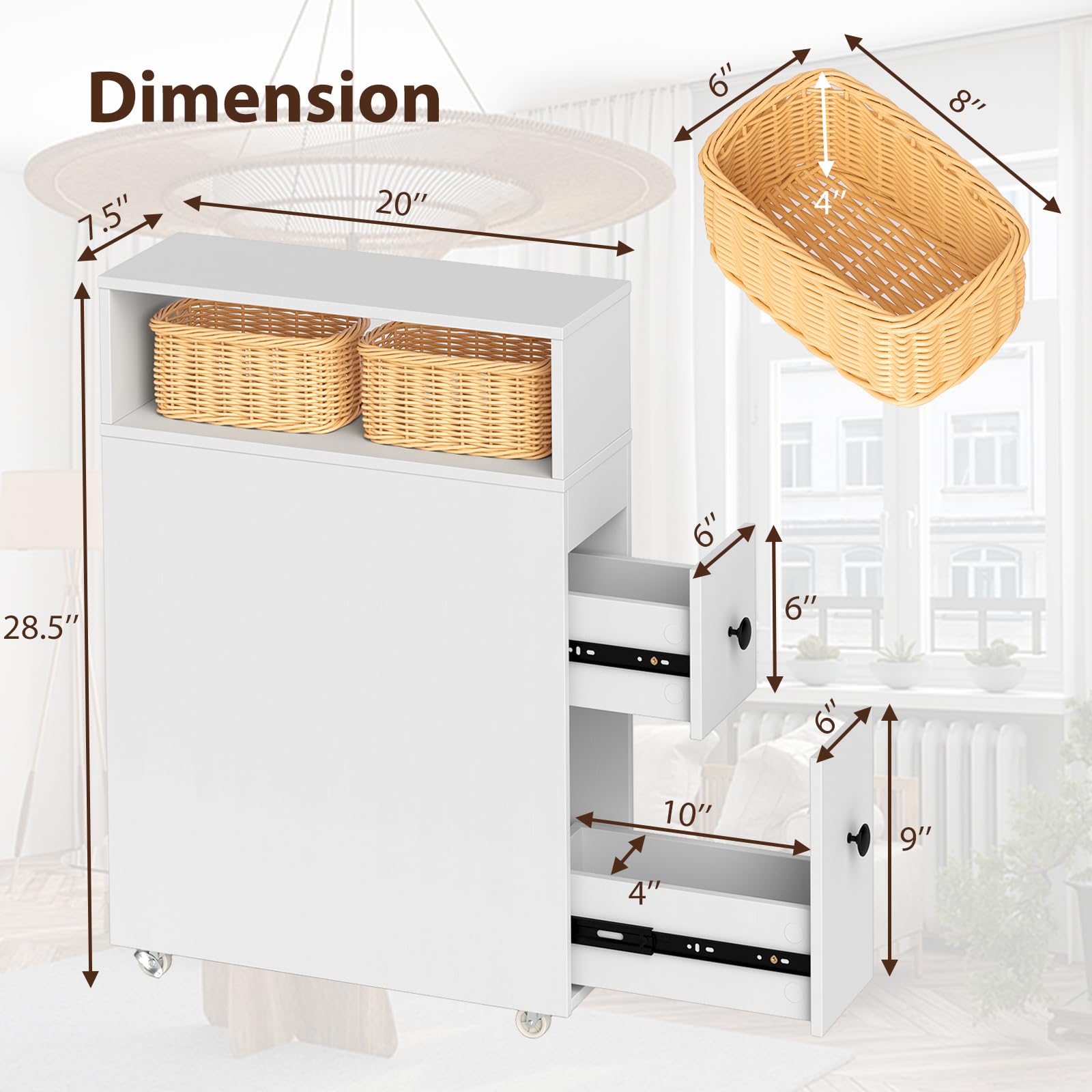 Giantex Slim Bathroom Storage Cabinet with Wheels - 2 Drawers, 2 Baskets & Brush Holder - Over The Toilet Organizer for Small Spaces - Perfect for Narrow Corners, Apartments & Tiny Bathrooms