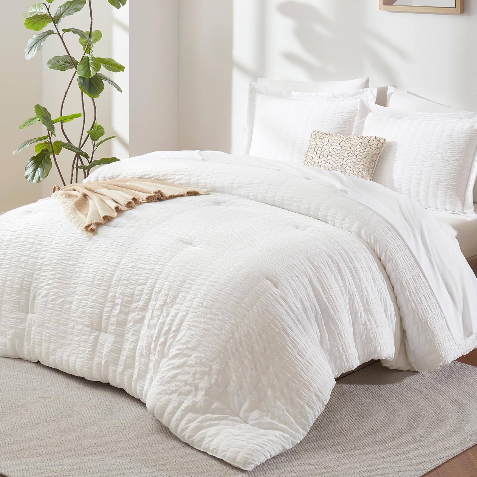 Luxury King Size Comforter Set - 7 Piece White Seersucker Bedding Set with Down Alternative Comforter, Sheets, Pillowcases & Shams | All-Season Soft Bed in a Bag | Perfect for Master Bedroom, Guest Room & Vacation Homes