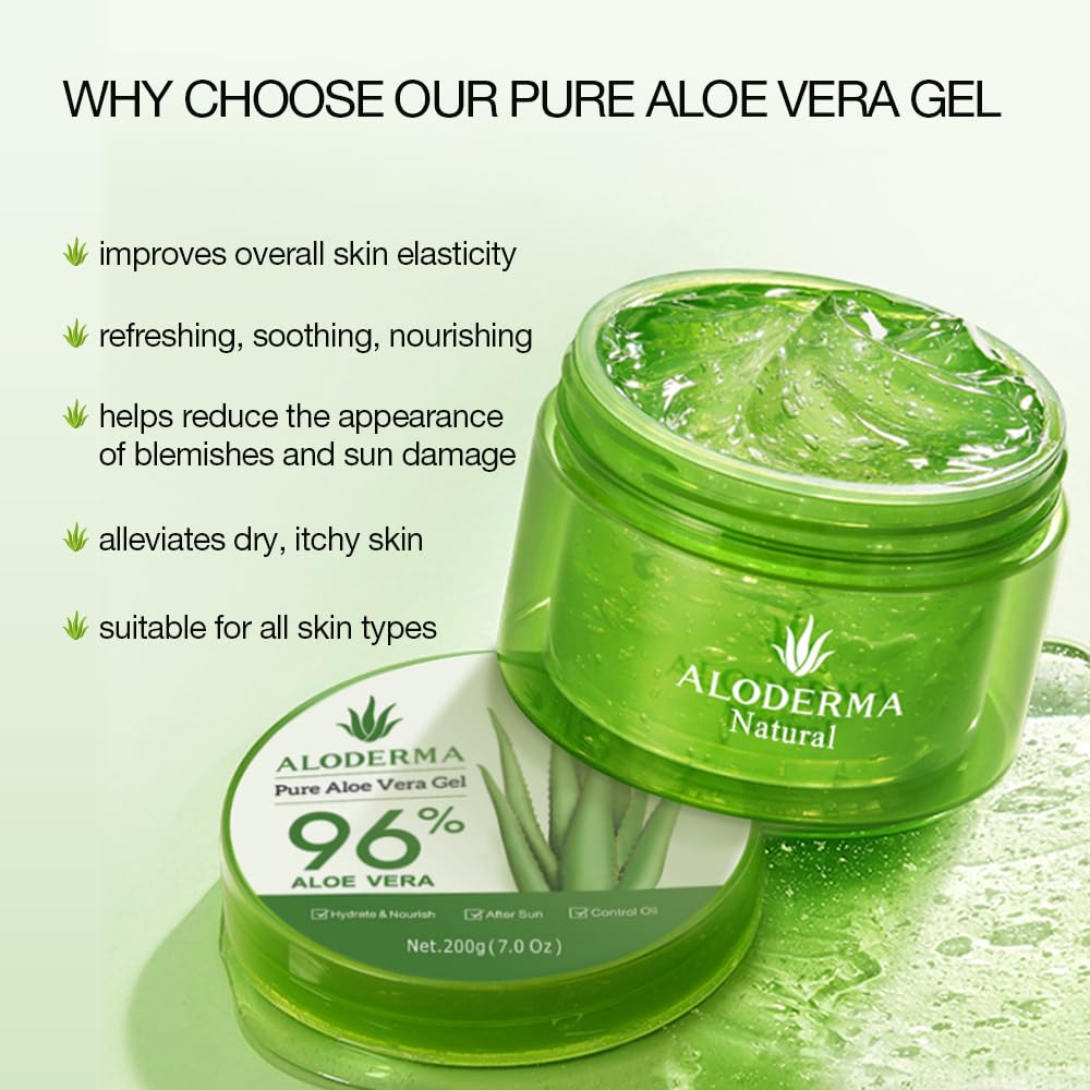 Pure Aloe Vera Gel Set - 2 Pack (200g Each) for Face & Body Hydration, Sunburn Relief & Hair Care - Natural Moisturizer for Dry Skin & After Sun Care