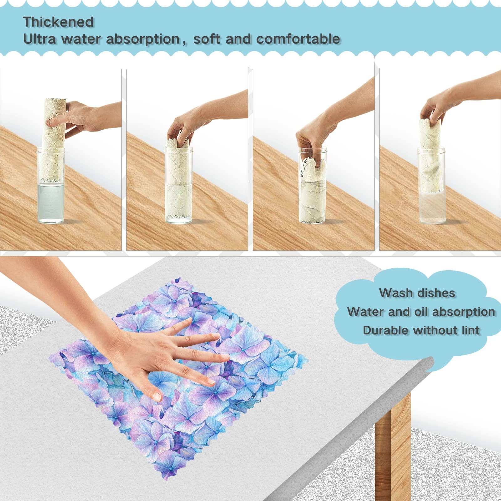 ALAZA Super Absorbent Dish Towels Set of 6 - 11x11 Inch Lint-Free Kitchen Cleaning Cloths with Blue Violet Floral Design, Soft Bar Tea Towels for Dishes, Countertops & Drying Hands - Perfect for Kitchen, Dining & Hosting