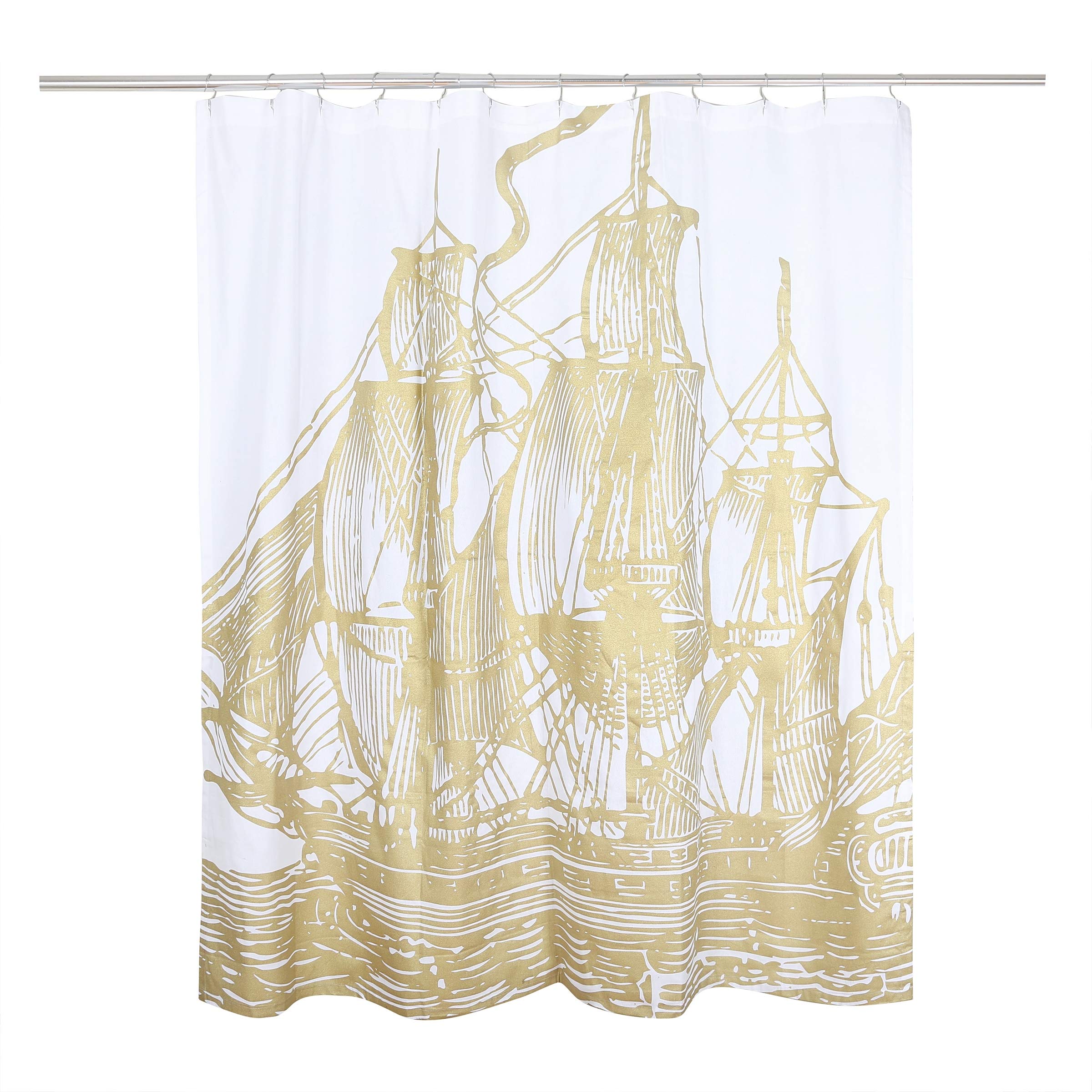Gold Ship Shower Curtain - Nautical Bathroom Decor, Waterproof & Mold Resistant - Perfect for Beach Theme Bathrooms & Coastal Home Decor