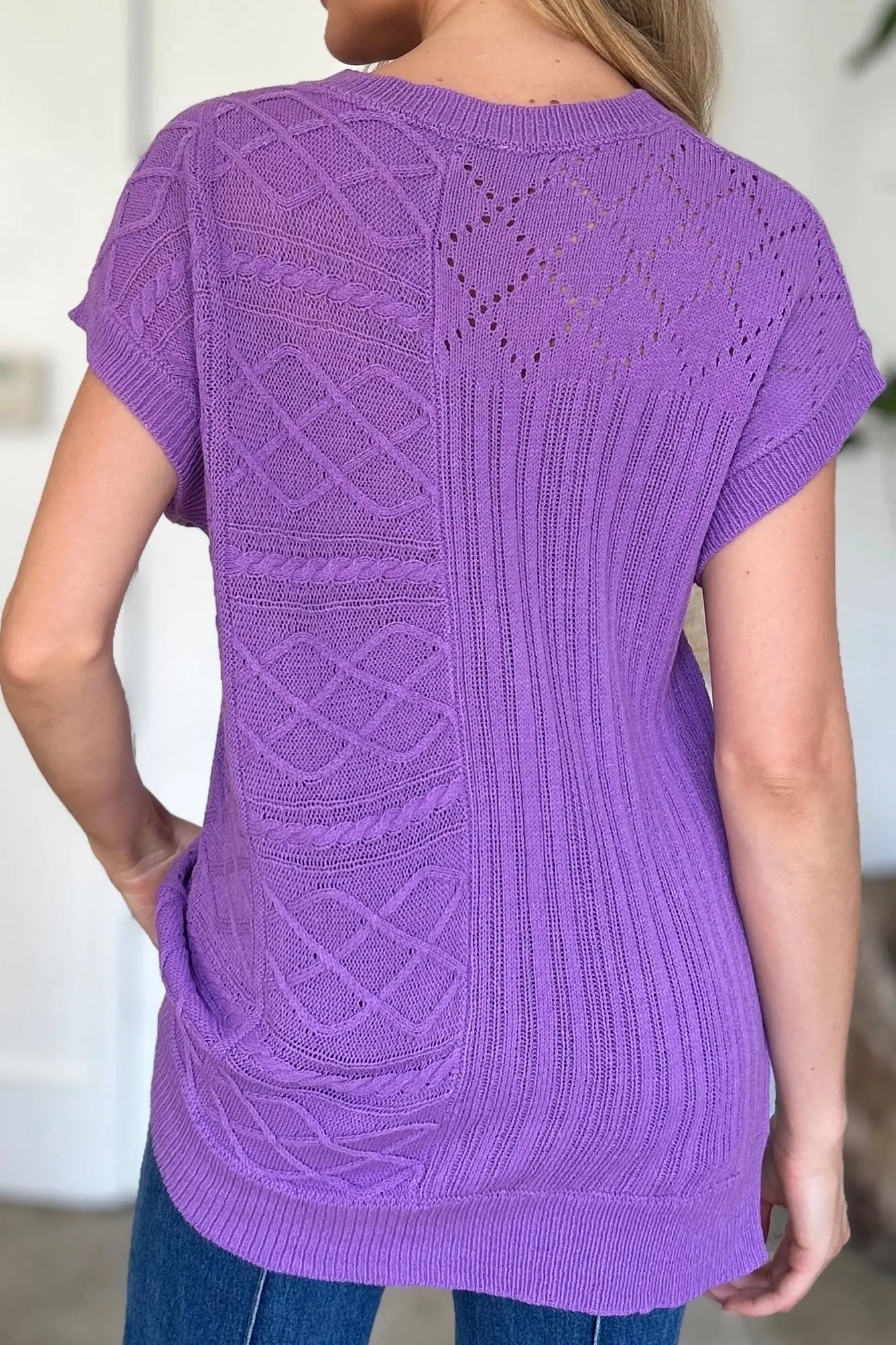 Double Take Full Size Cable Knit Round Neck Cap Sleeve Sweater for Women - Cozy Winter Pullover for Office, Date Night & Casual Outfits