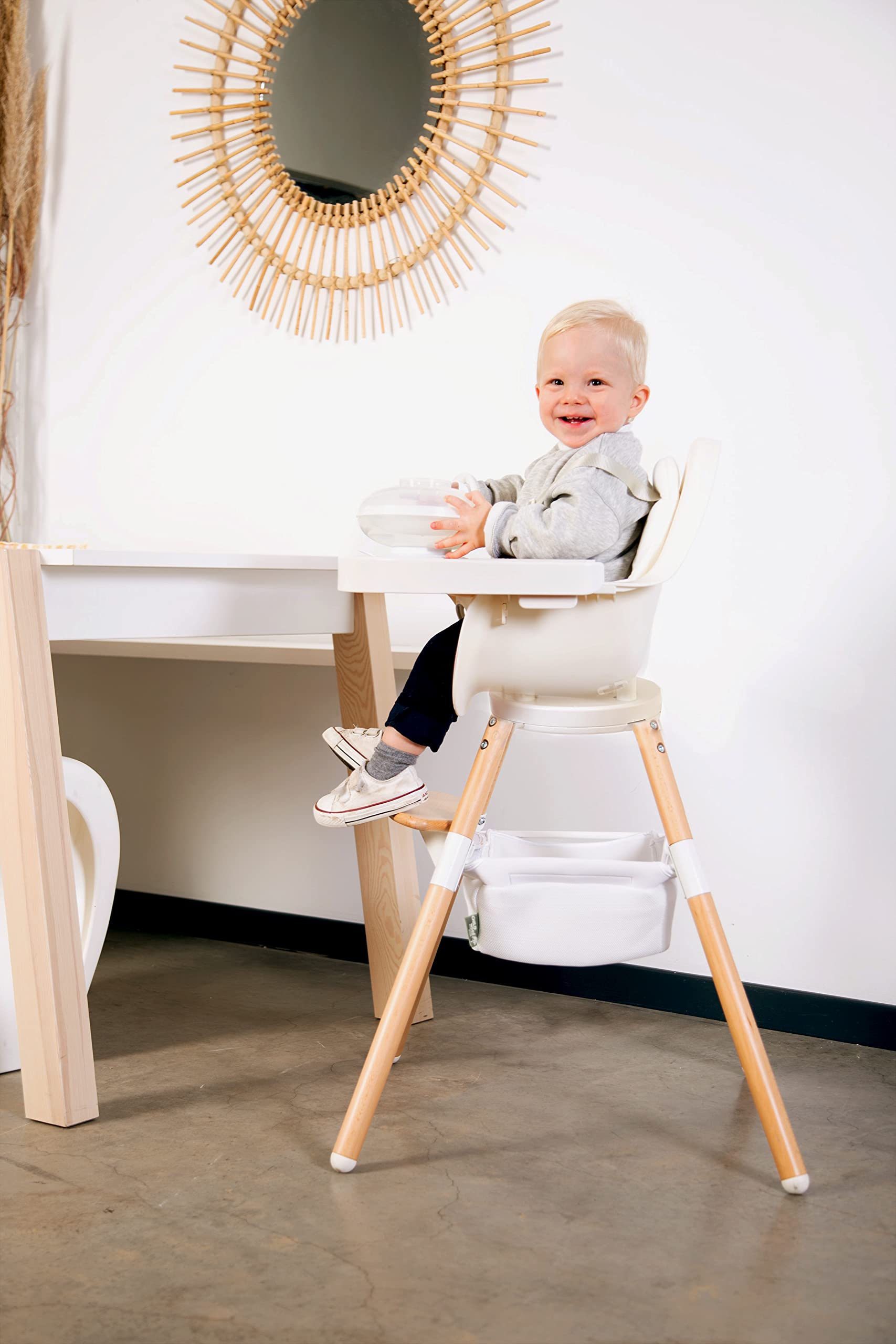 Childhome Evolu One.80° High Chair - 2 in 1 Baby High Chair with 180° Swivel, Adjustable Height & Portable Design | Modern Sleek High Chair with Beechwood Legs in White | Perfect for Dining, Feeding & Playtime
