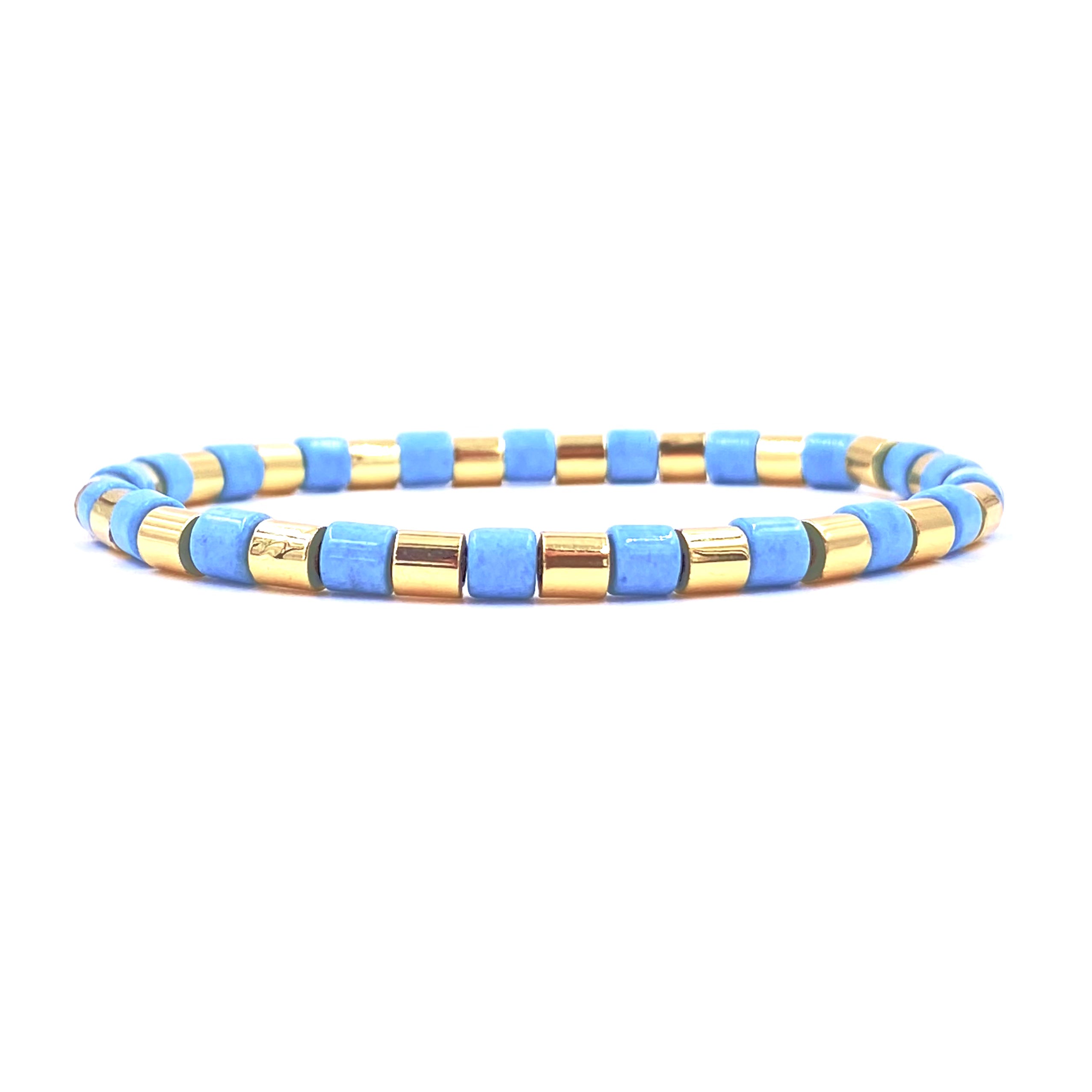 Ashley Gold Stainless Steel Blue Enamel Stretch Beaded Bracelet for Women - Elegant Jewelry Gift for Birthday, Anniversary & Party Wear