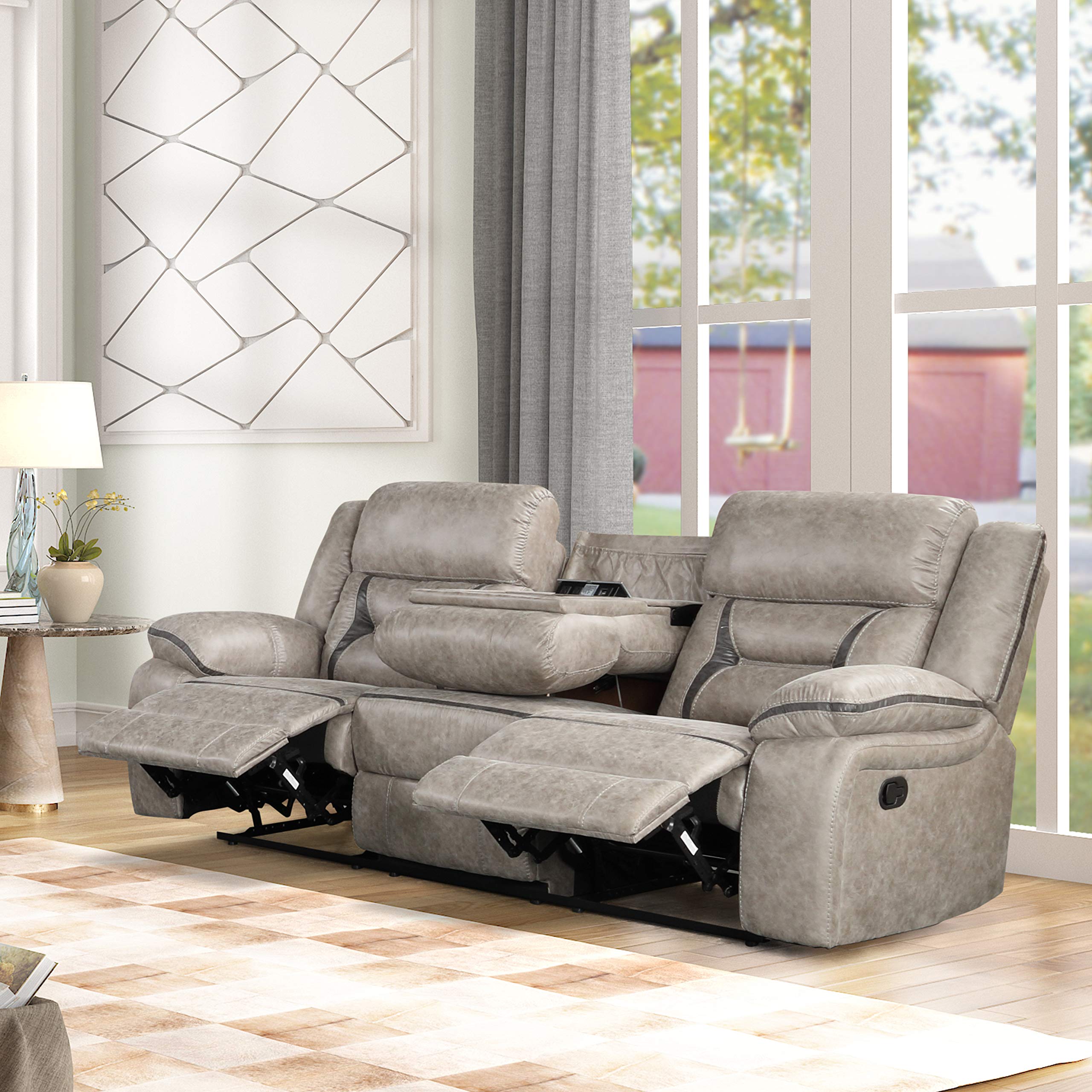 Roundhill Furniture Elkton Manual Recliner Sofa with Storage Console - Taupe Upholstery | Comfortable Living Room Seating for Relaxation & Entertainment