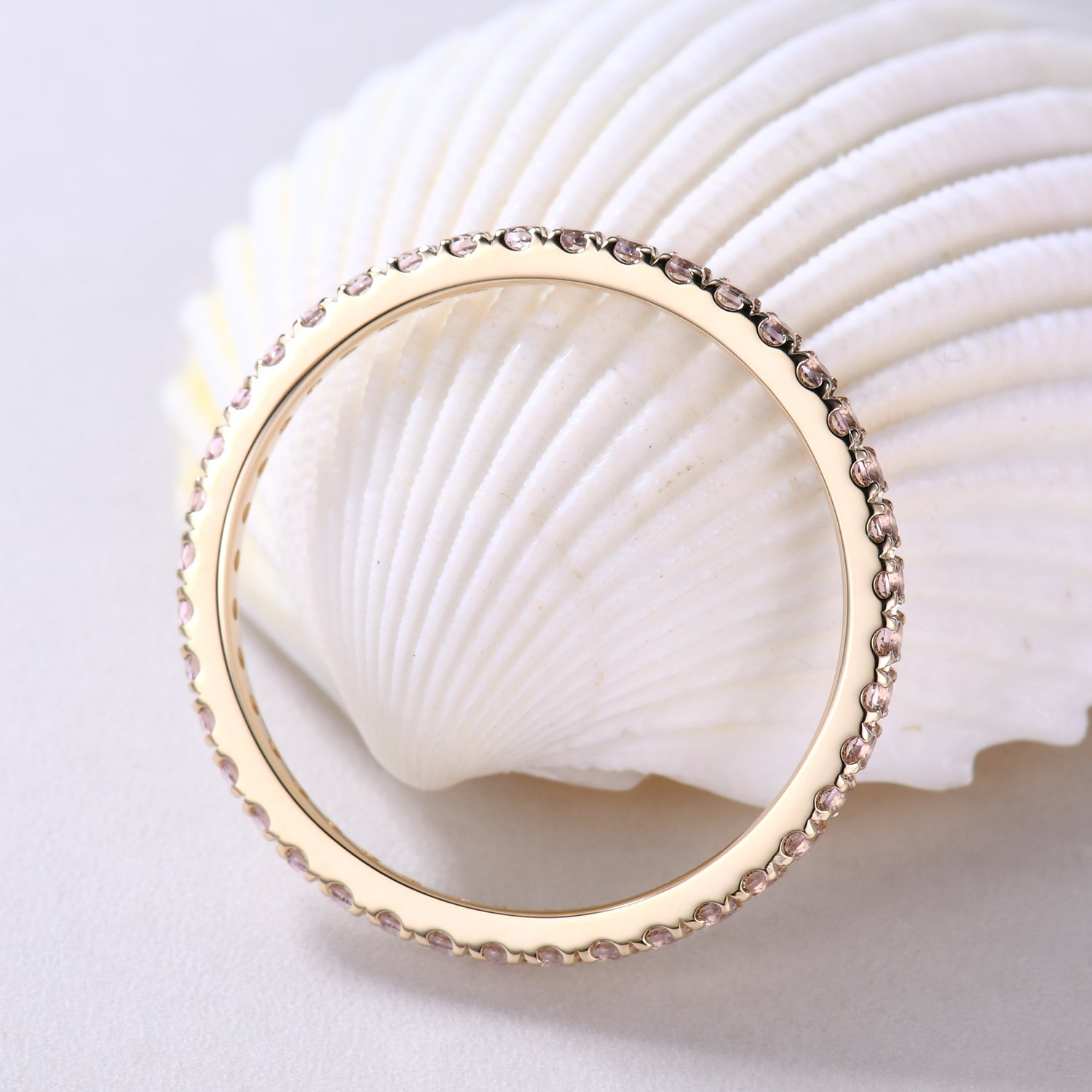 14K Yellow Gold Petite Morganite Wedding Band - Micro Pave Eternity Ring for Women | Perfect for Engagement, Anniversary & Bridal Jewelry Gifts