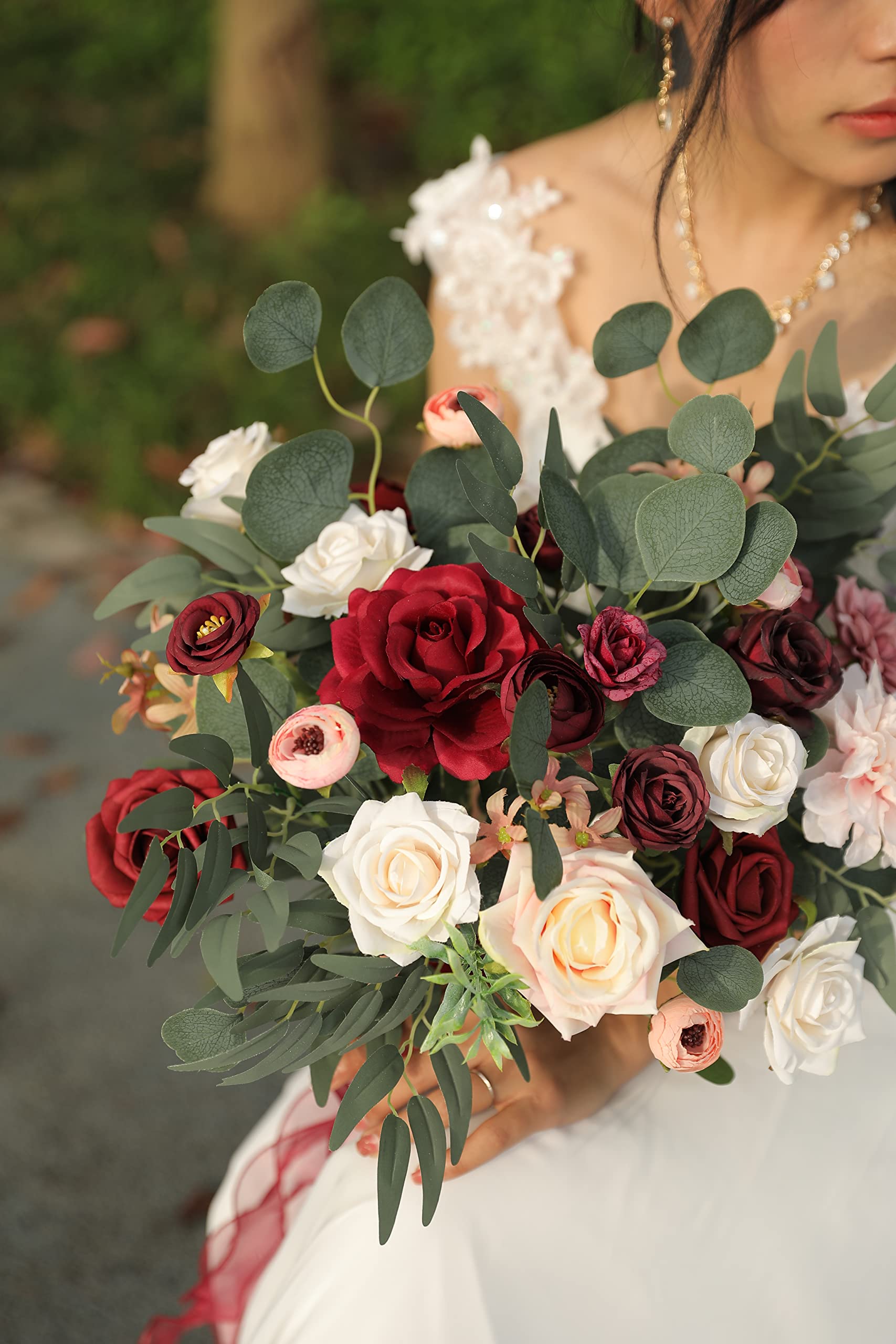YYHUAWU Artificial Flowers Set - 24-Pack Burgundy Fake Roses with Stems & Leaves for DIY Wedding Bouquets, Centerpieces, Home Decor - Perfect for Baby Showers, Parties & Floral Arrangements