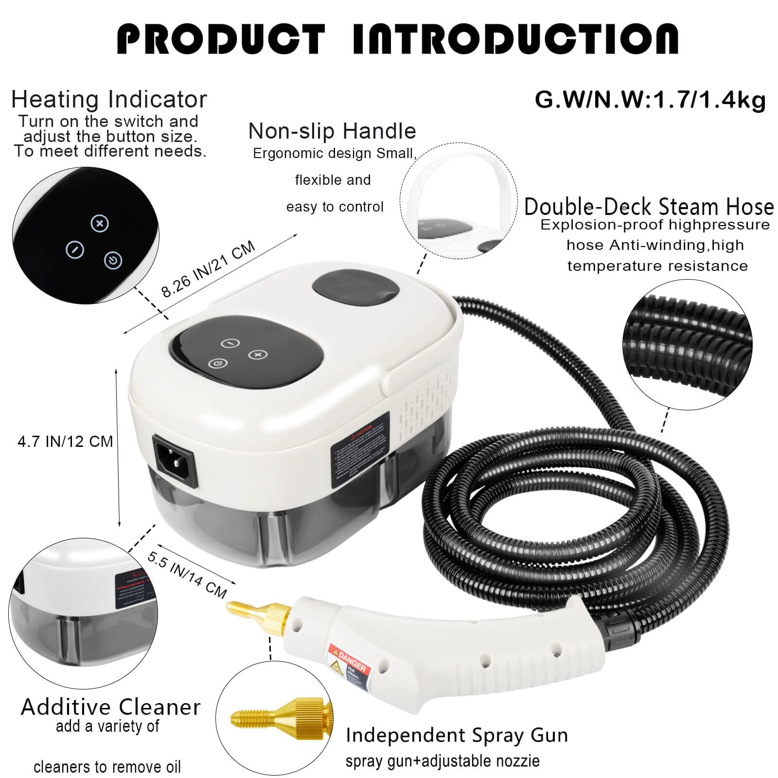 2500W High Pressure Handheld Steam Cleaner with 5 Brushes & Extension Rod - 15-Second Fast Heating Portable Steamer for Home Cleaning - Perfect for Floors, Tiles, Upholstery, Cars & More (White)
