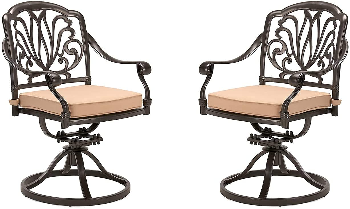 Grepatio 2-Piece Swivel Patio Dining Chairs Set with Cushions - Outdoor Cast Aluminum Garden Chairs for Backyard, Lawn & Deck - Comfortable Swivel Rocker Chairs with Khaki Cushions - Perfect for Outdoor Dining, Lounging & Entertaining