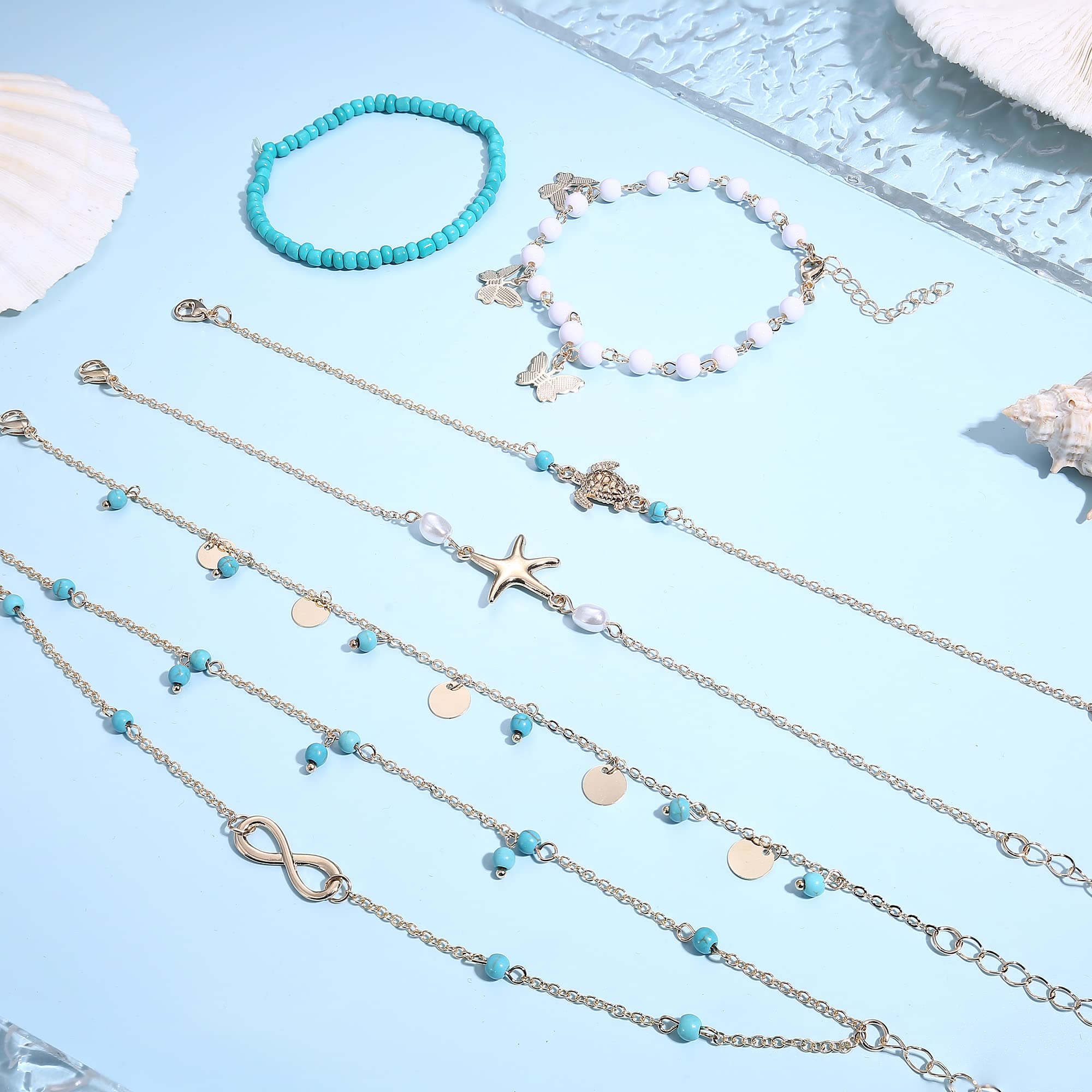 JOERICA 25 Pcs Adjustable Turquoise Toe Rings & Ankle Bracelets for Women - Gold & Silver Bohemian Anklets, Open Toe Jewelry for Beach, Summer & Festival Outfits