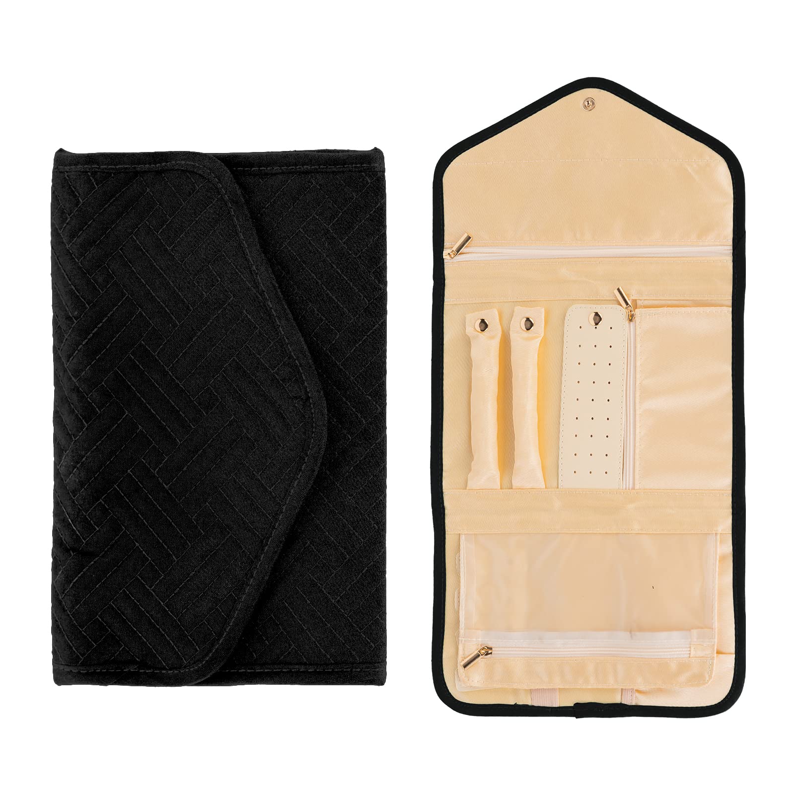 Portable Travel Jewelry Organizer for Women - Foldable Jewelry Storage Bag with Display Roll for Rings, Earrings, Necklaces & Bracelets | Perfect for Vacation, Business Trips & Daily Use (Black)