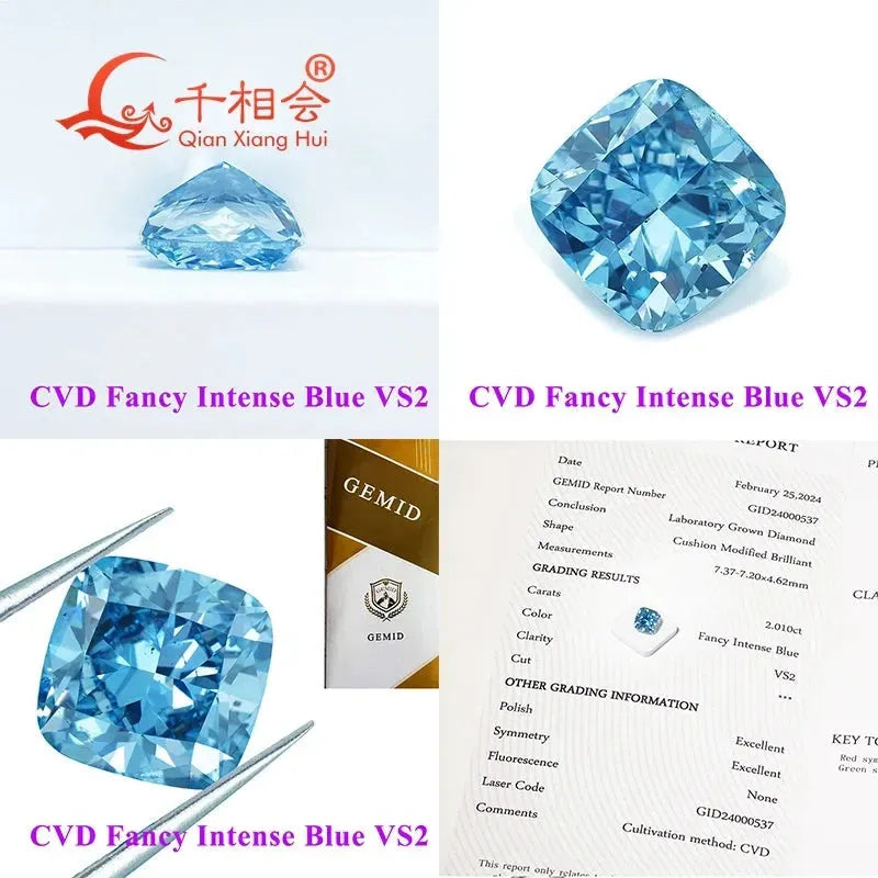 1.6ct & 2ct CVD Lab Grown Diamond - Fancy Vivid Aqua Blue, VS1 Clarity, Cushion Cut, GEMID Certified Loose Stone for Engagement Rings & Fine Jewelry