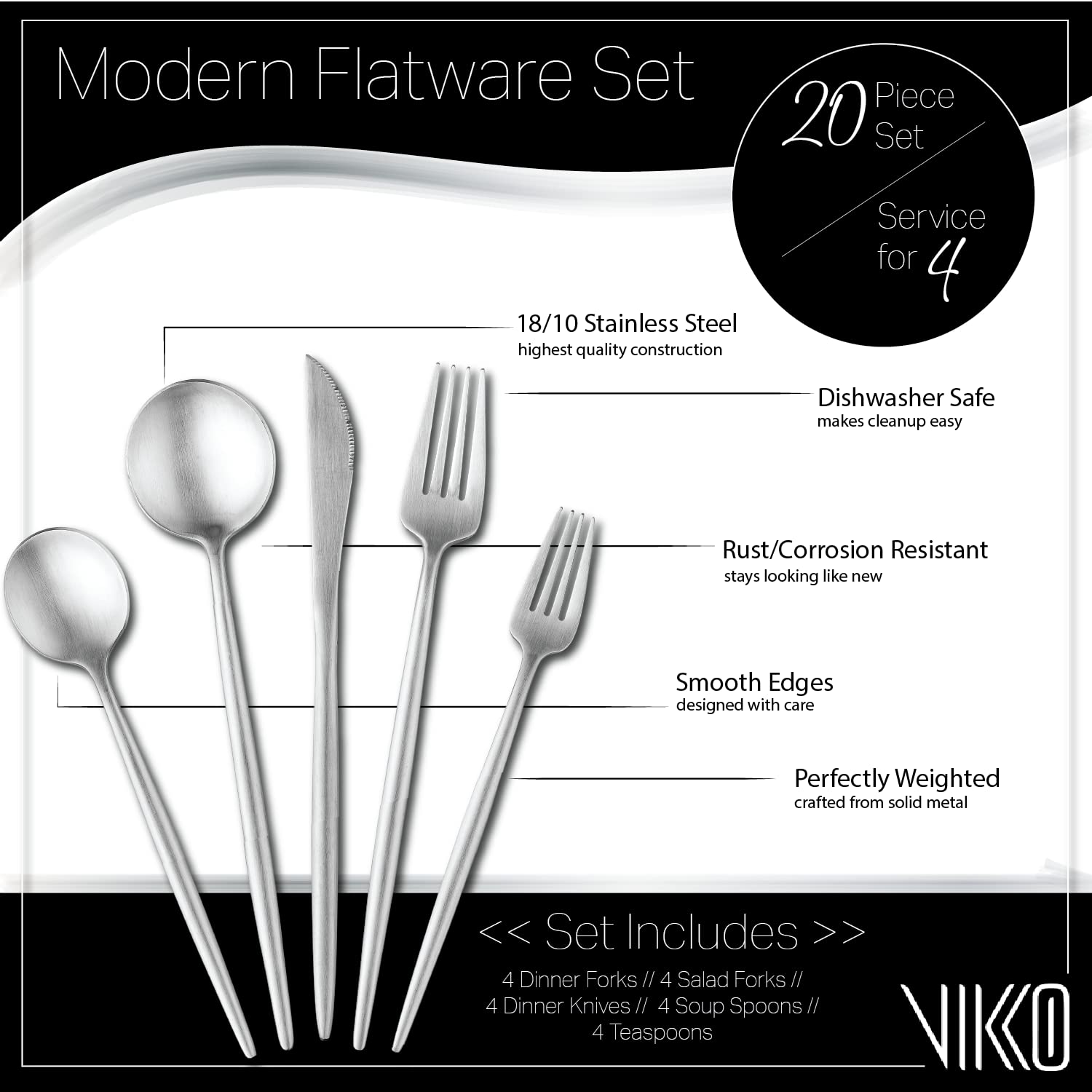 Premium 18/10 Stainless Steel Flatware Set - 20-Piece Brushed Silver Silverware for 4 - Modern Matte Cutlery Set with Long Handles for Fine Dining, Weddings & Dinner Parties - Vikko Decor Elegant Tableware
