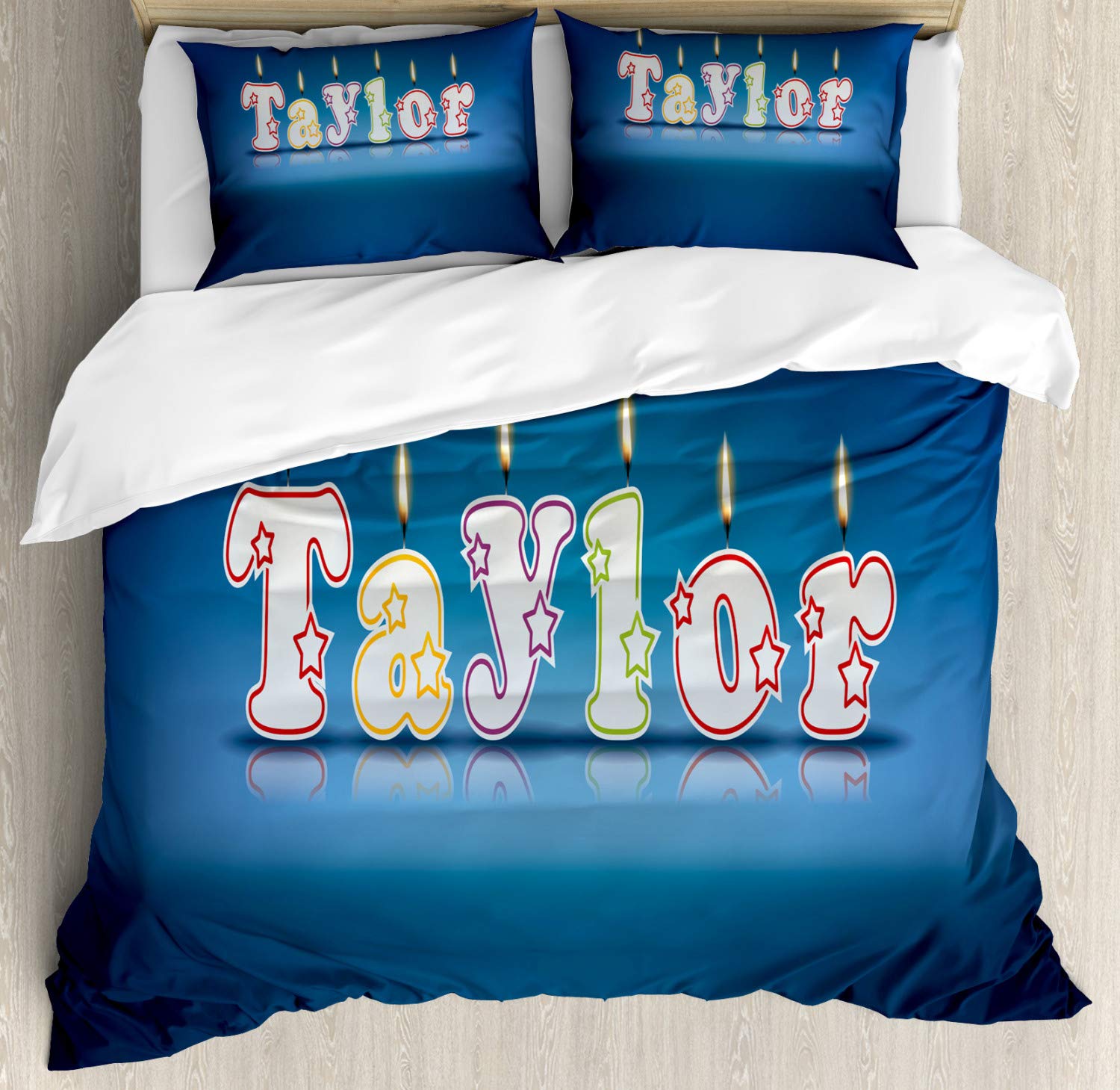 Ambesonne Taylor Duvet Cover Set - King Size 2-Pack with 2 Duvet Covers & 4 Pillowcases, Blue & Multicolor Happy Occasion Candles Font Design - Perfect for Bedroom Decor, Guest Rooms & Special Celebrations