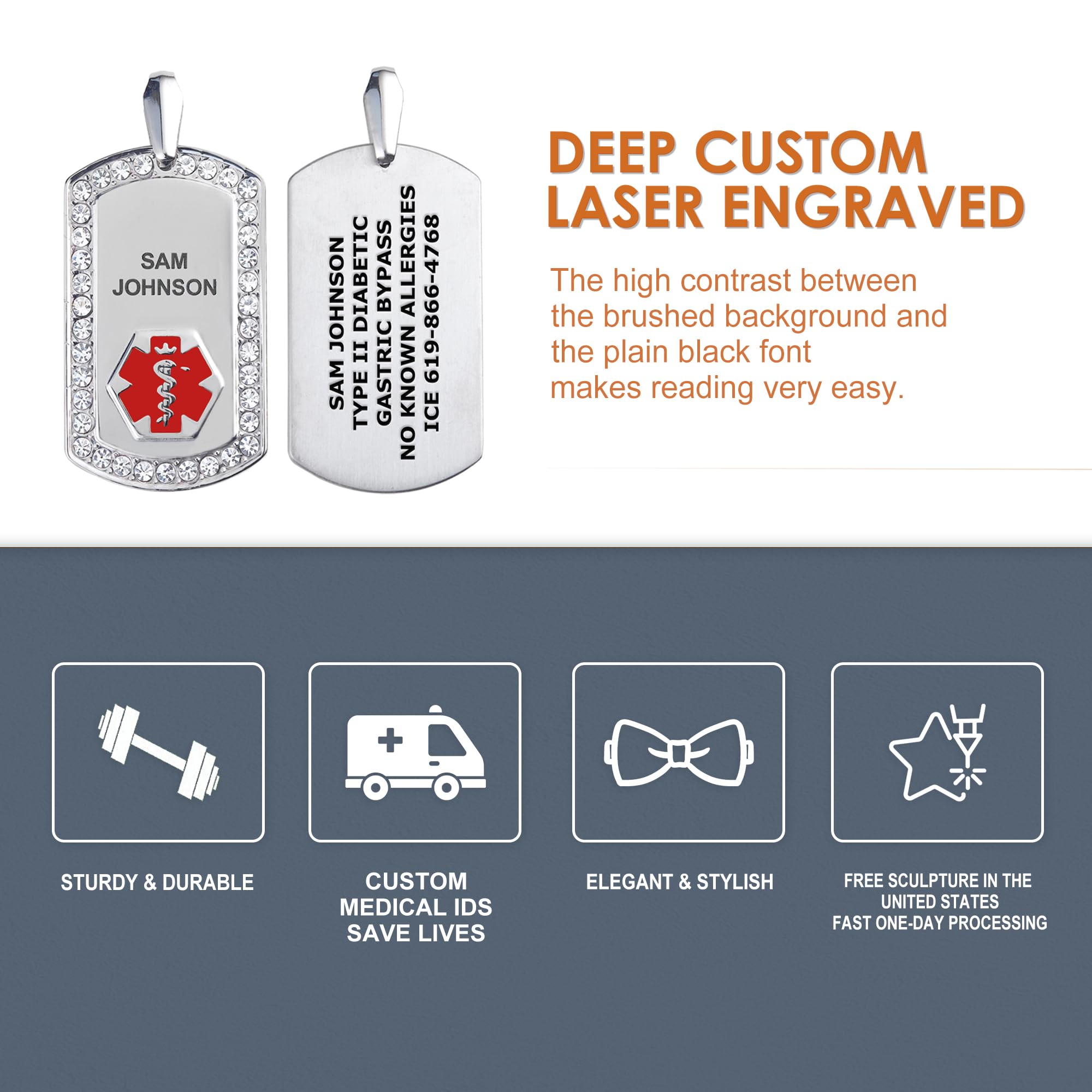 Divoti Pure Titanium Medical Alert Necklace for Women - Custom Engraved Dog Tag Medical ID Necklace with 24