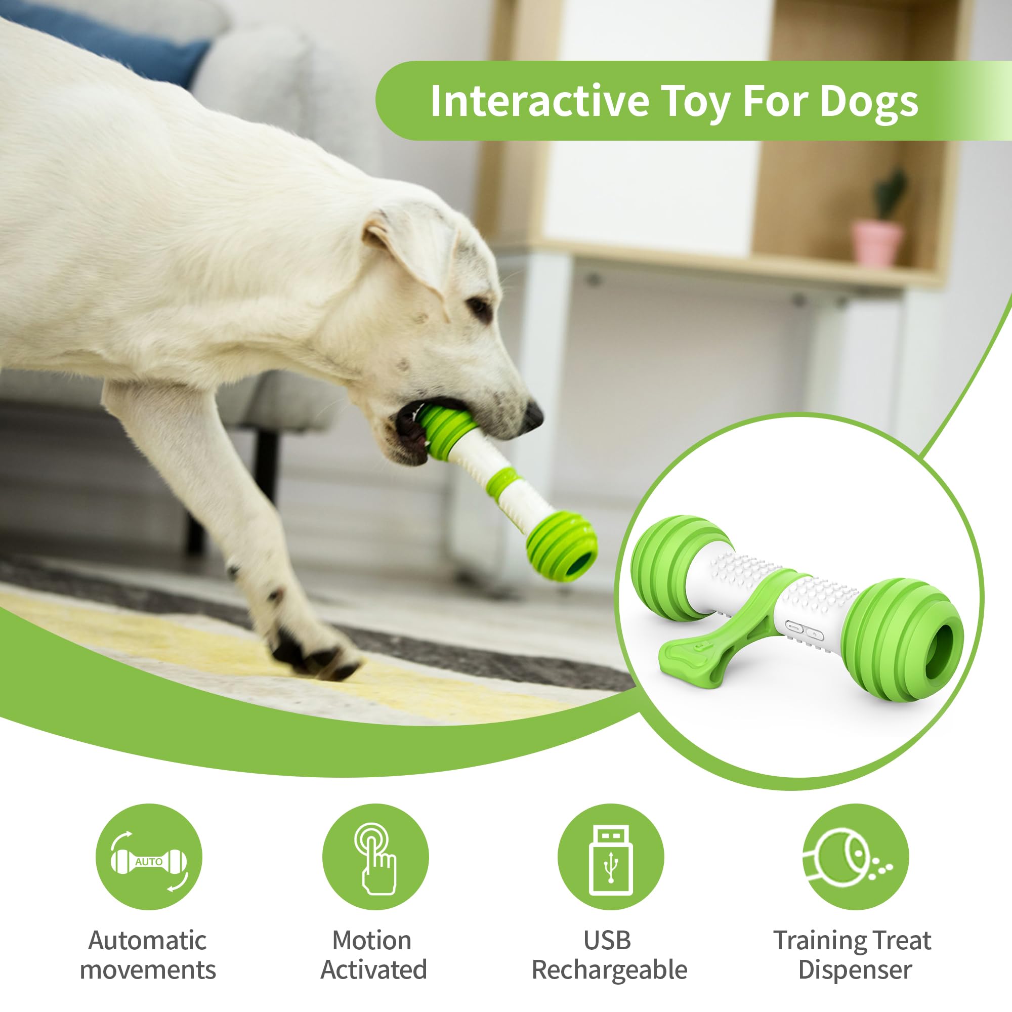 PETGEEK Interactive Dog Toys for Medium & Large Dogs - Motion Activated Electronic Dog Bone, USB Rechargeable Automatic Pet Toy to Relieve Boredom & Stimulate Play (Green) - Perfect for Indoor Play, Training & Keeping Dogs Entertained