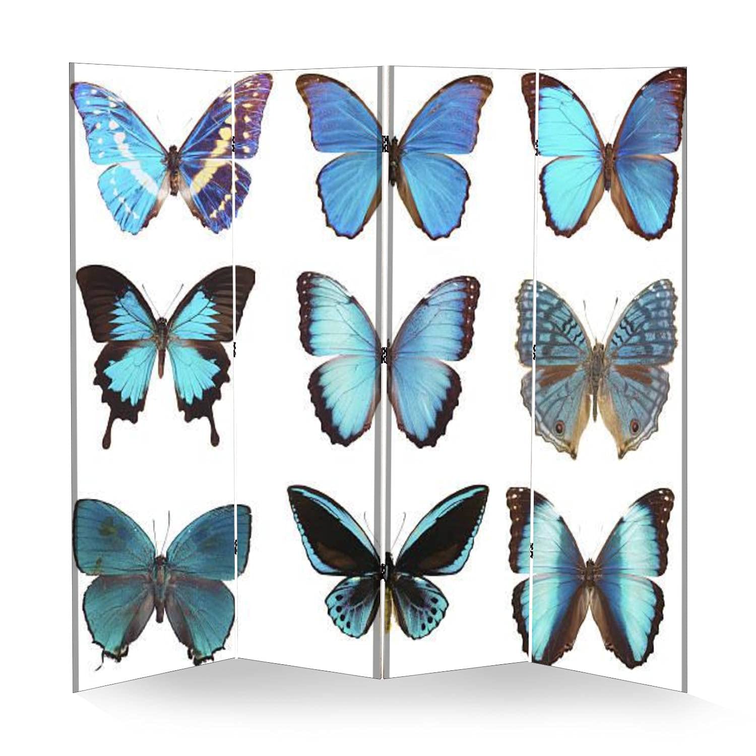4 Panel Folding Room Divider with Blue Butterflies - Freestanding Privacy Screen, Soundproof Partition for Home & Office - Perfect for Bedrooms, Living Rooms, and Workspaces
