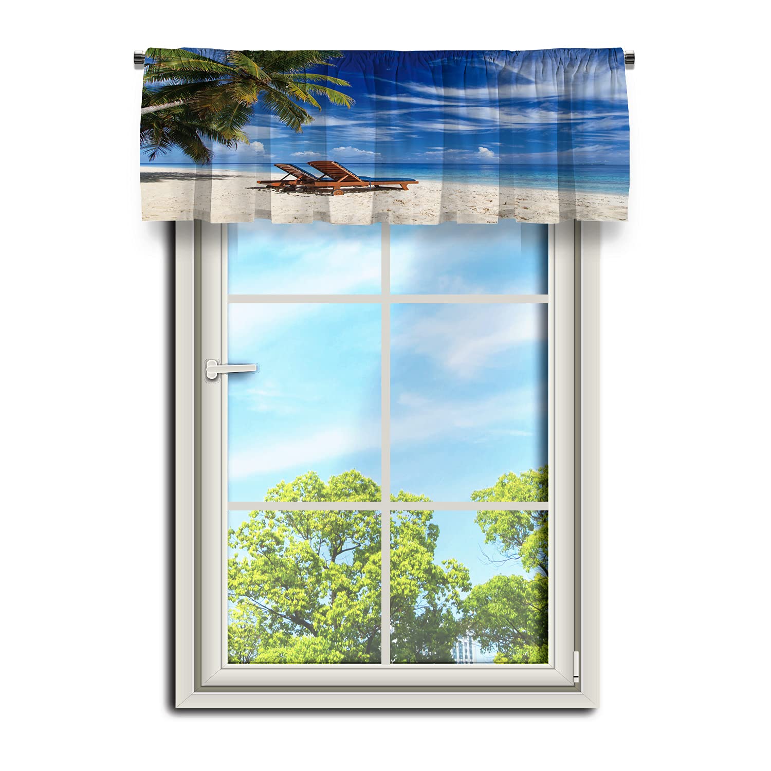 Tropical Beach Scenic Kitchen Valances - Miblor Rod Pocket Half Window Curtains with 2 Beach Chairs, 52x18 Inch Blackout Valances for Living Room & Bedroom - Perfect for Coastal Decor & Summer Home Styling