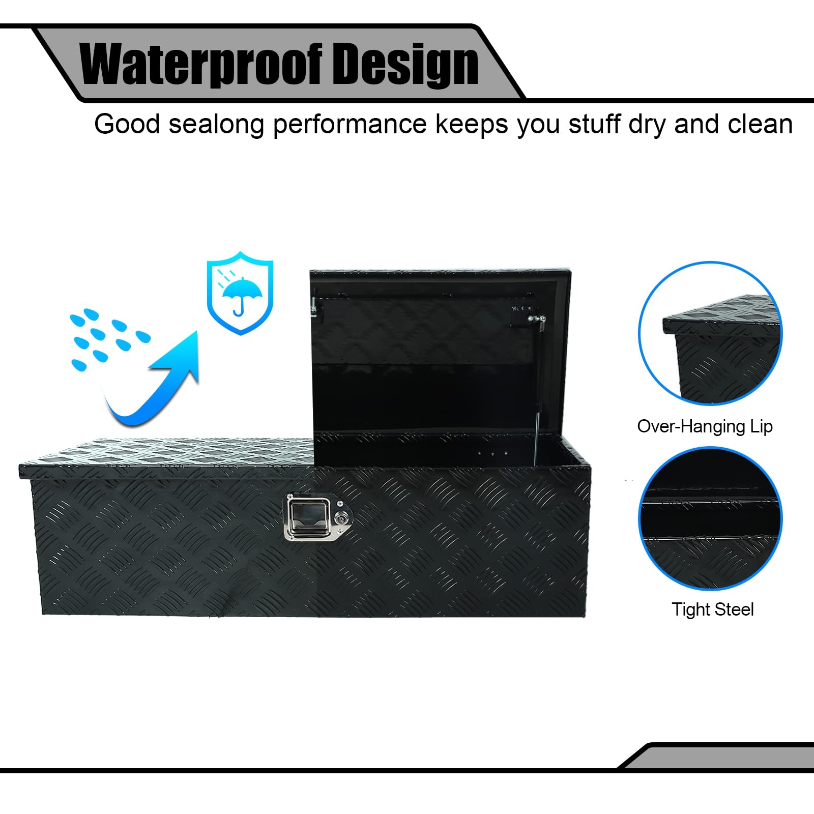 44 Inch Aluminum Black Plated Truck Tool Box - Waterproof Underbed Storage with Lock & Key for Pickup Trucks, RVs, ATVs & Trailers (44