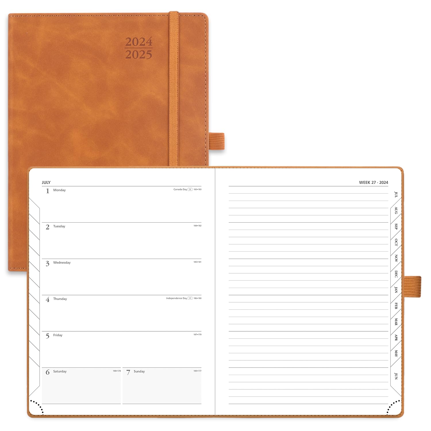 POPRUN 2024-2025 Academic Planner (6.5'' x 8.5'') - Weekly & Monthly Organizer with Leather Cover, Monthly Tabs & Inner Pocket - Perfect for Students, Professionals & Time Management (July 2024-June 2025, Brown)