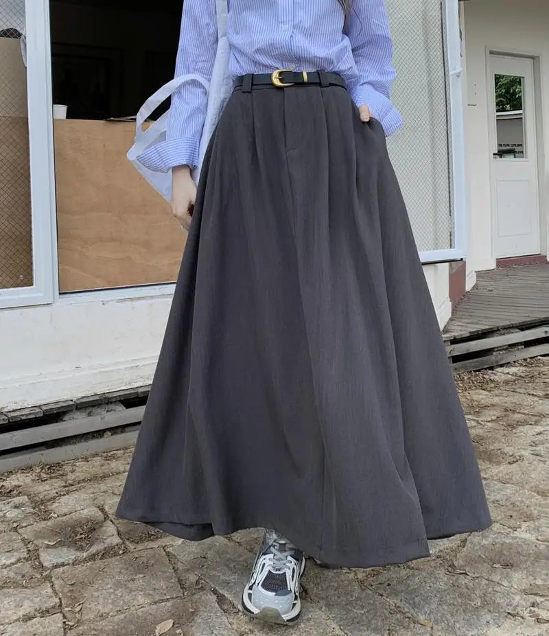 2023 Fashion Women's High Waist Pleated A-Line Skirt with Belt - Autumn Black & Grey Korean Style Chic Long Skirt for Office, Dating & Casual Wear