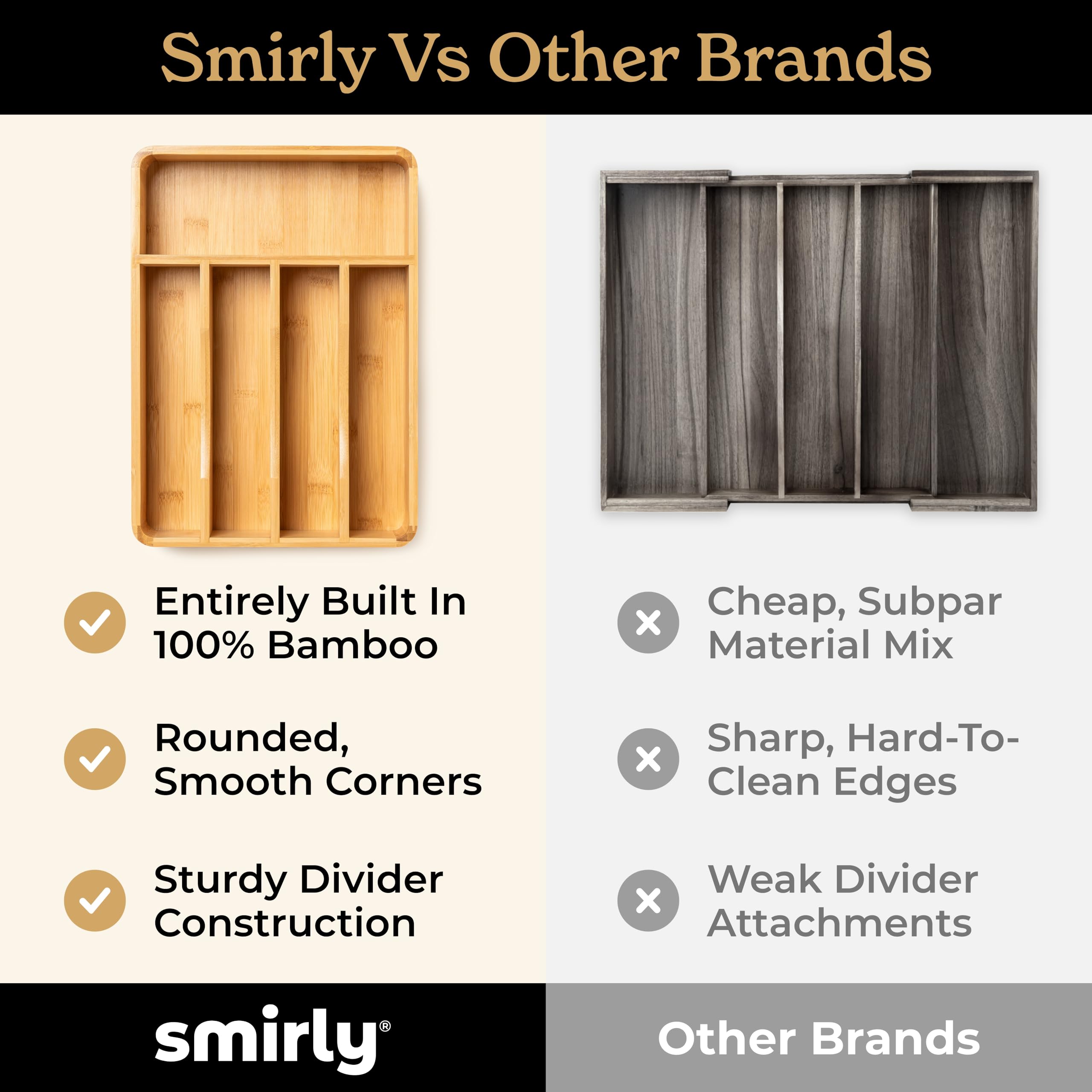 SMIRLY Bamboo Kitchen Drawer Organizer - Silverware & Utensil Tray for Knives, Forks, Spoons - Perfect for Kitchen Drawer Organization & Storage