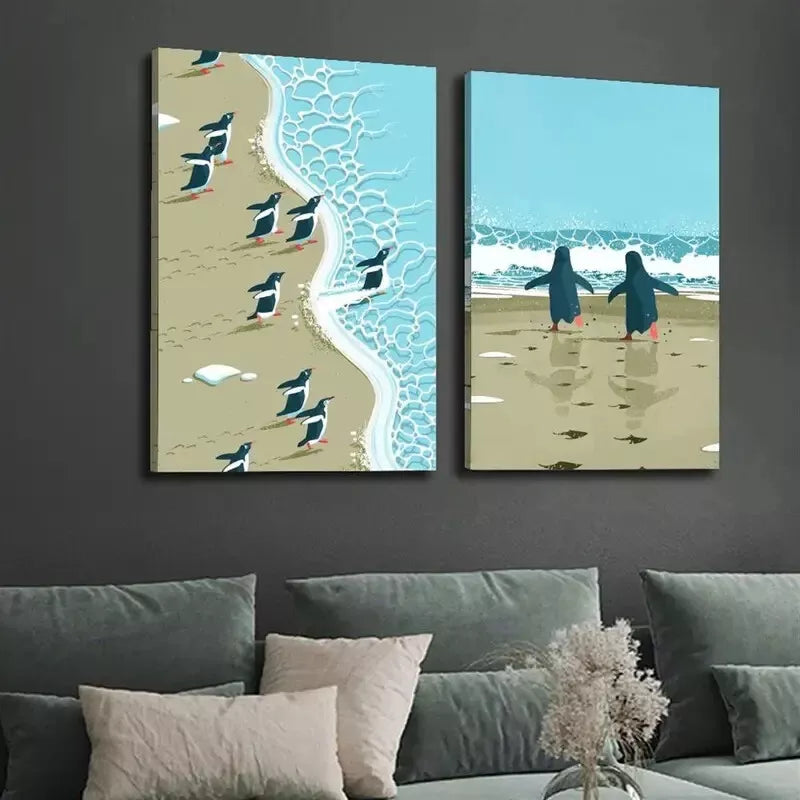 2pcs Penguins on the Beach Minimalist Surreal Art Print - Framed Canvas Wall Decor 50x75cm | High Quality Australian Made | Perfect for Living Room, Bedroom & Office Decor