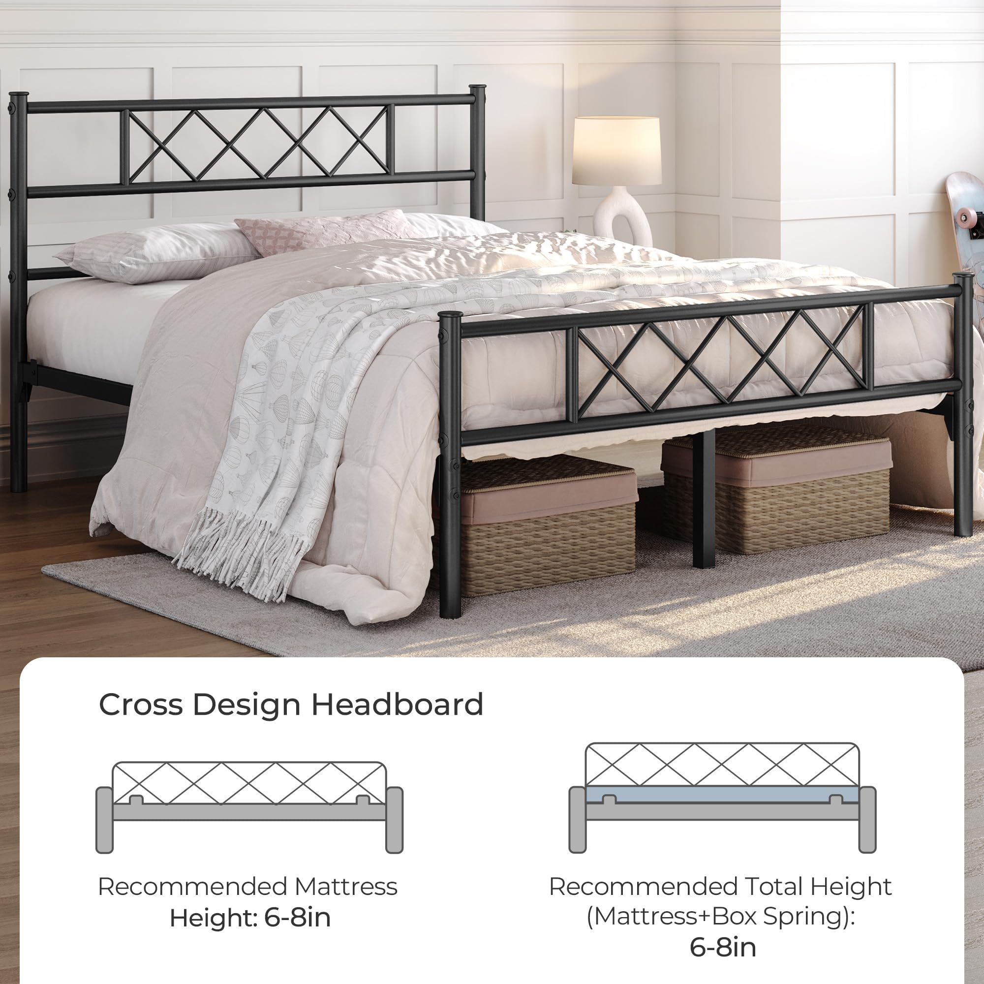 Yaheetech Full Metal Platform Bed Frame with Headboard & Footboard - Queen Size, No Box Spring Needed, Sturdy Steel Slats, Under Bed Storage - Modern Black Bedroom Furniture for Small Spaces & Apartments
