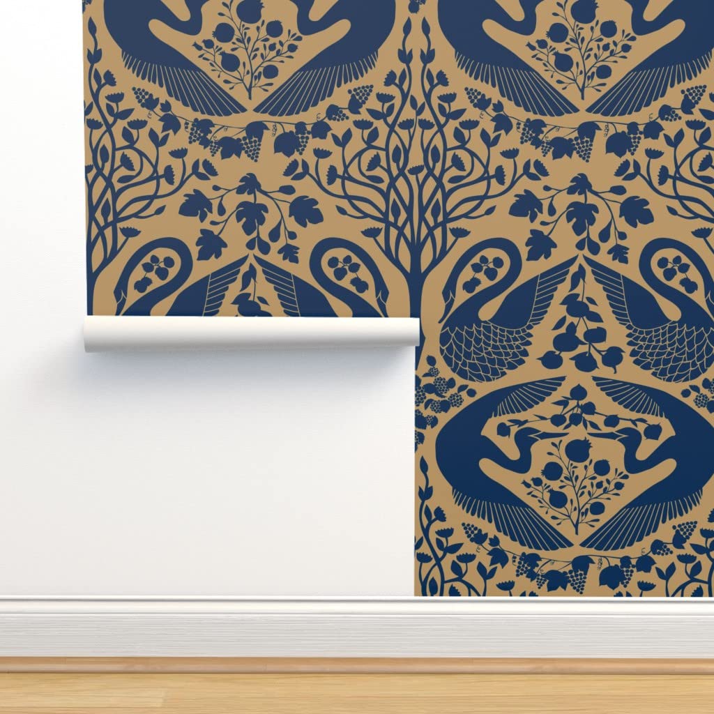 Peel & Stick Removable Wallpaper - Asian Inspired Golden Swan & Crane Design, Garden Indigo Gold Orchard Pattern | Self-Adhesive Wall Decal for Bedroom, Living Room, Nursery & Home Decor